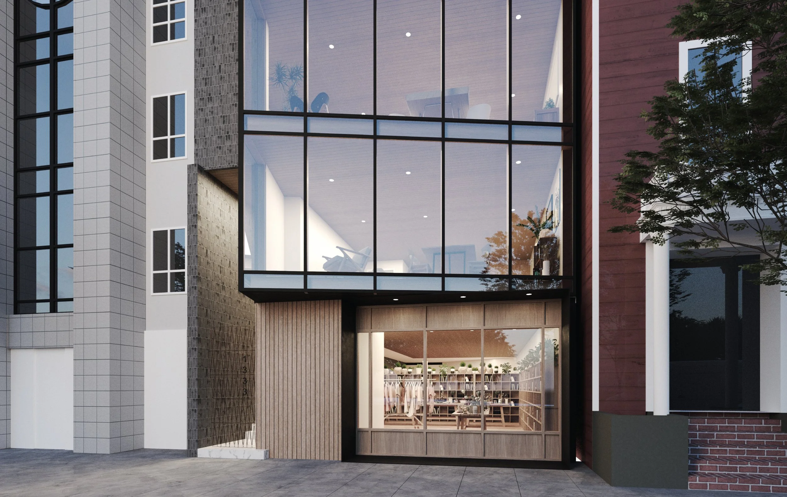 Fisherman's Wharf Condos, San Francisco, California. Modern building with large glass windows revealing an interior with chairs and plants, surrounded by a sidewalk and some trees.