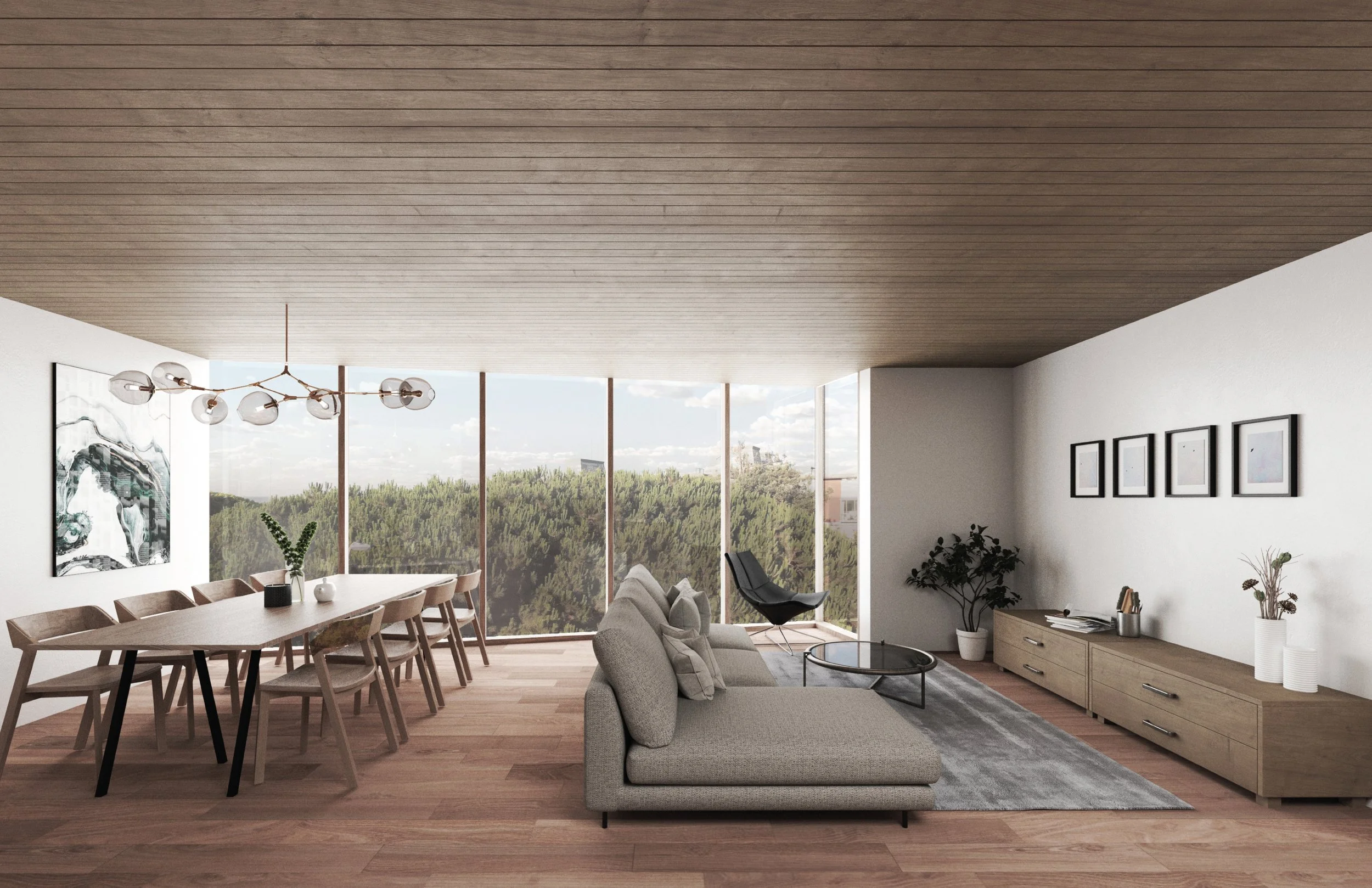 Fisherman's Wharf Condos, San Francisco, California. Modern living room with large windows, wooden ceiling, gray sofa, black lounge chair, wooden dining table with chairs, potted plants, wall art, and a TV on a wooden console.