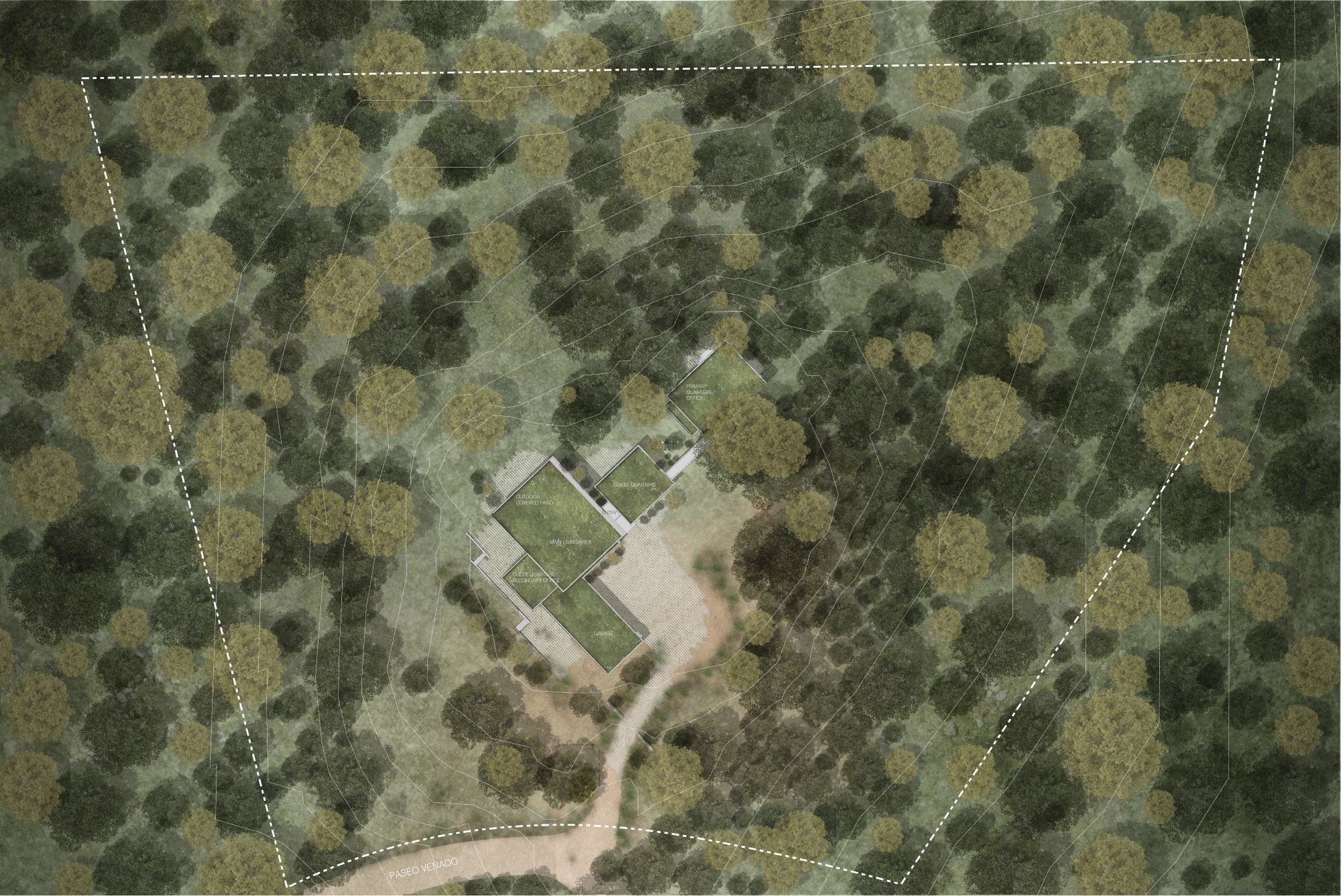 Carmel Valley Hillside Home in Carmel, California. Aerial view of a large wooded area with a small building labeled 'Primary Quarters / Office' and a covered outdoor patio.