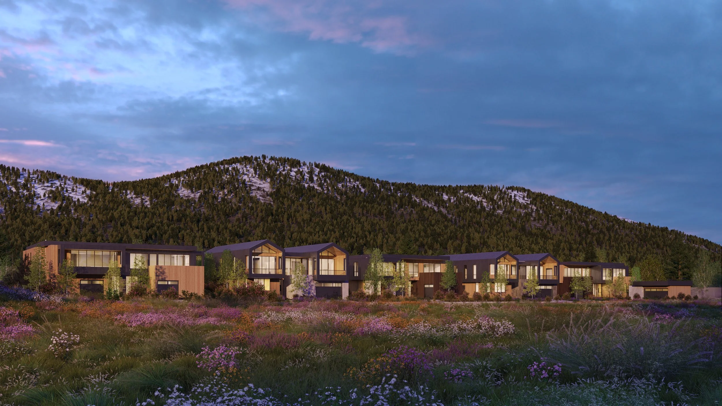 Jackson Development in Jackson, Wyoming. Modern residential buildings with large windows and balconies situated in a meadow with colorful flowers, backed by a forested mountain, under a partly cloudy sky at dusk.