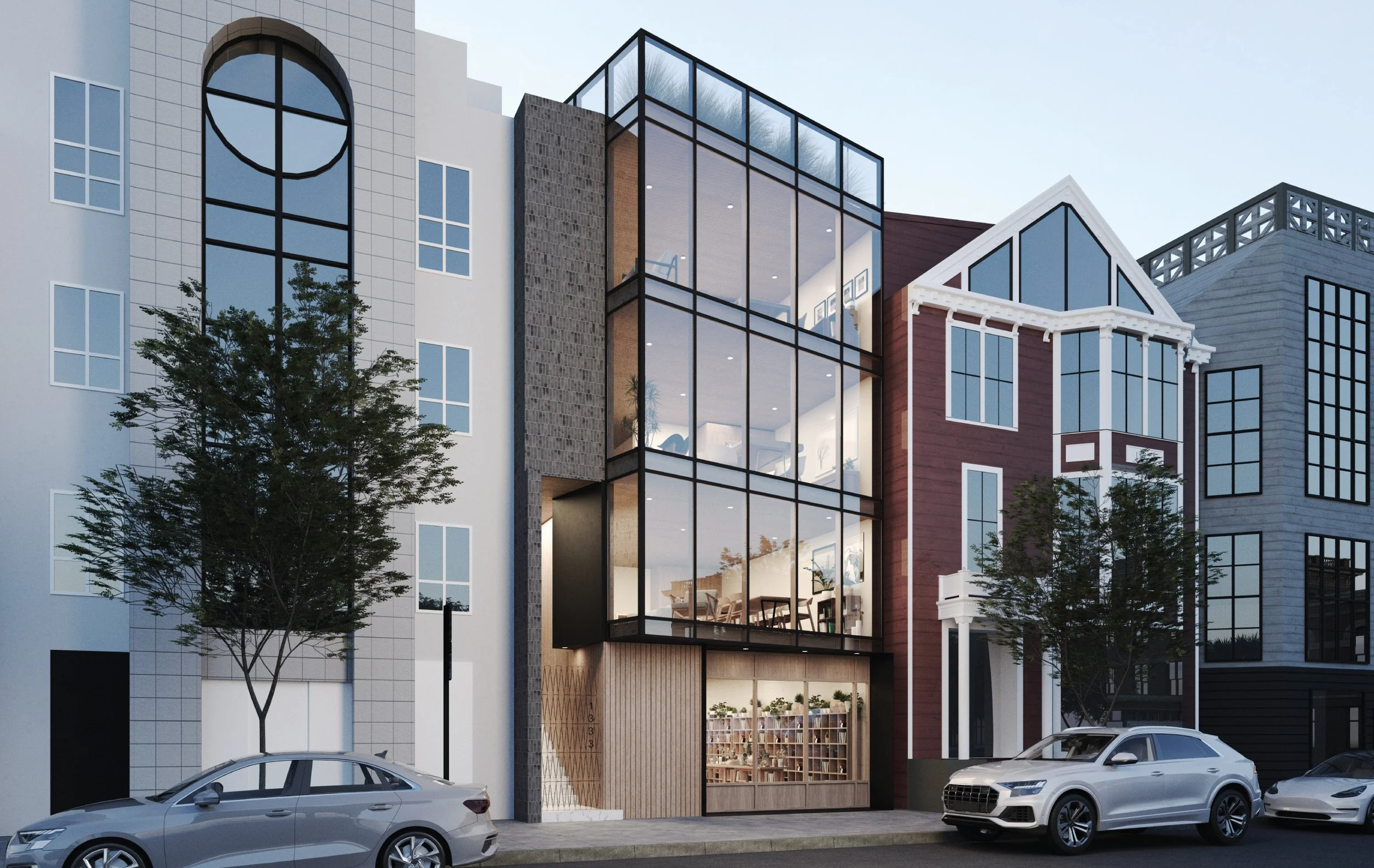 Fisherman's Wharf Luxury Condos in San Francisco, California. Modern multi-story building with large glass windows, neighboring buildings, parked cars, and trees in front.