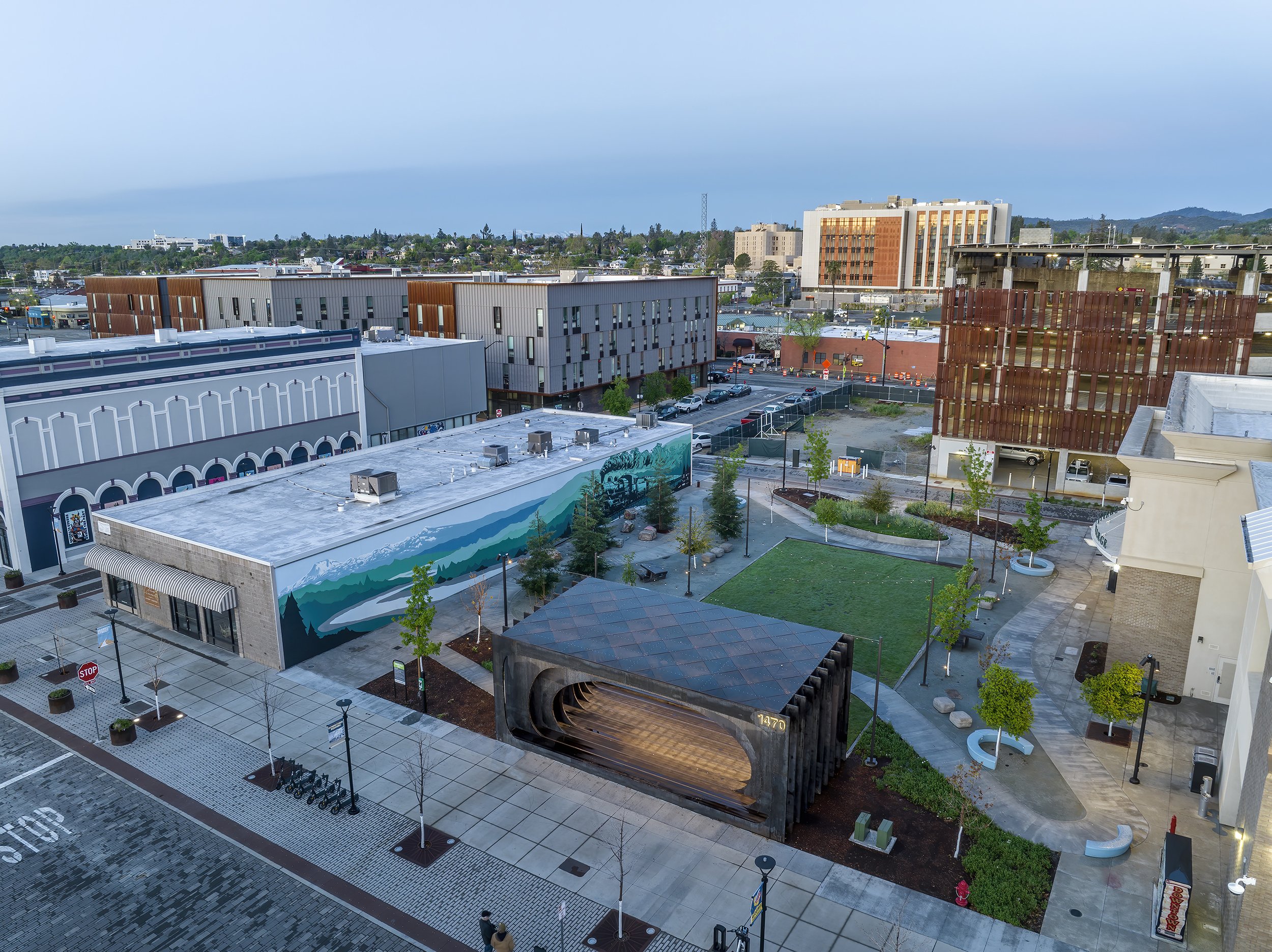 Block 7 Development in Redding, California. Aerial view of Whistle Stop Park.