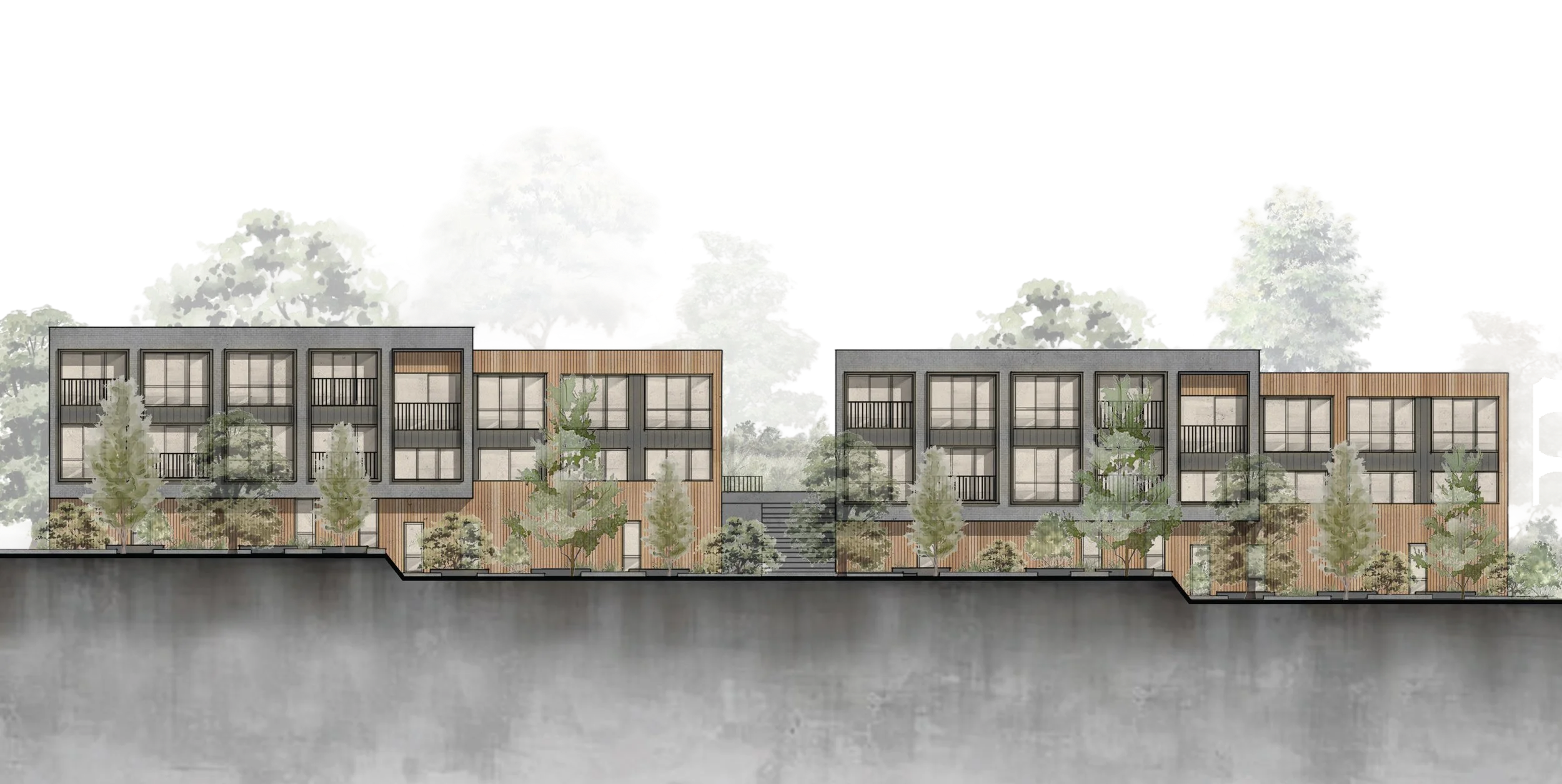 Chadwick Heights in Los Altos, California. SB330 housing development unlocking constrained hillside land. Architectural drawing of a modern residential building complex with multiple units, trees, and landscaped areas.