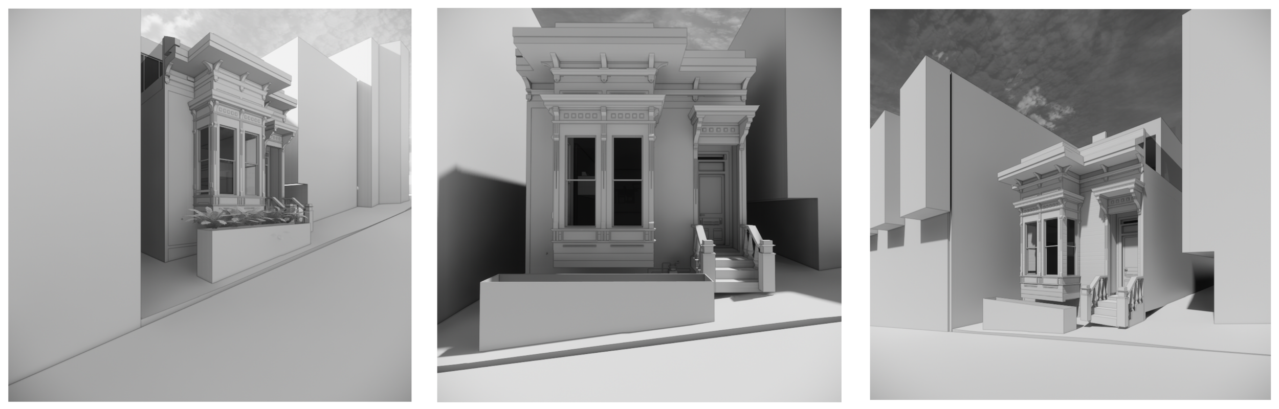 Ellis Street, San Francisco - Historic Feasibility & Sight Analysis. Three grayscale 3D renderings of Victorian-style house facades with elaborate window moldings and front steps, viewed from different angles.