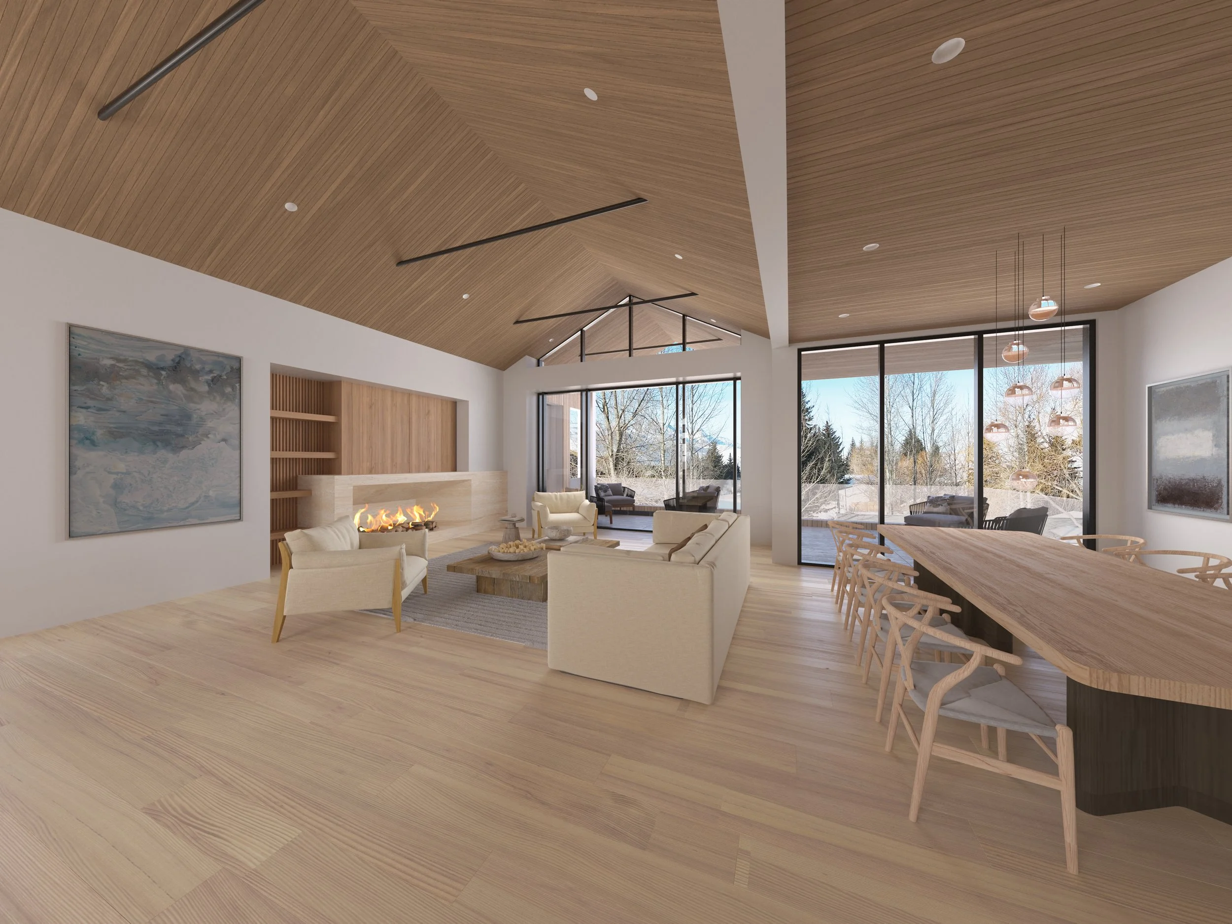Jackson Development in Jackson, Wyoming. Modern living room with a vaulted wooden ceiling, large windows showing trees outside, cream sofas, a fireplace, and a dining area with wooden chairs.