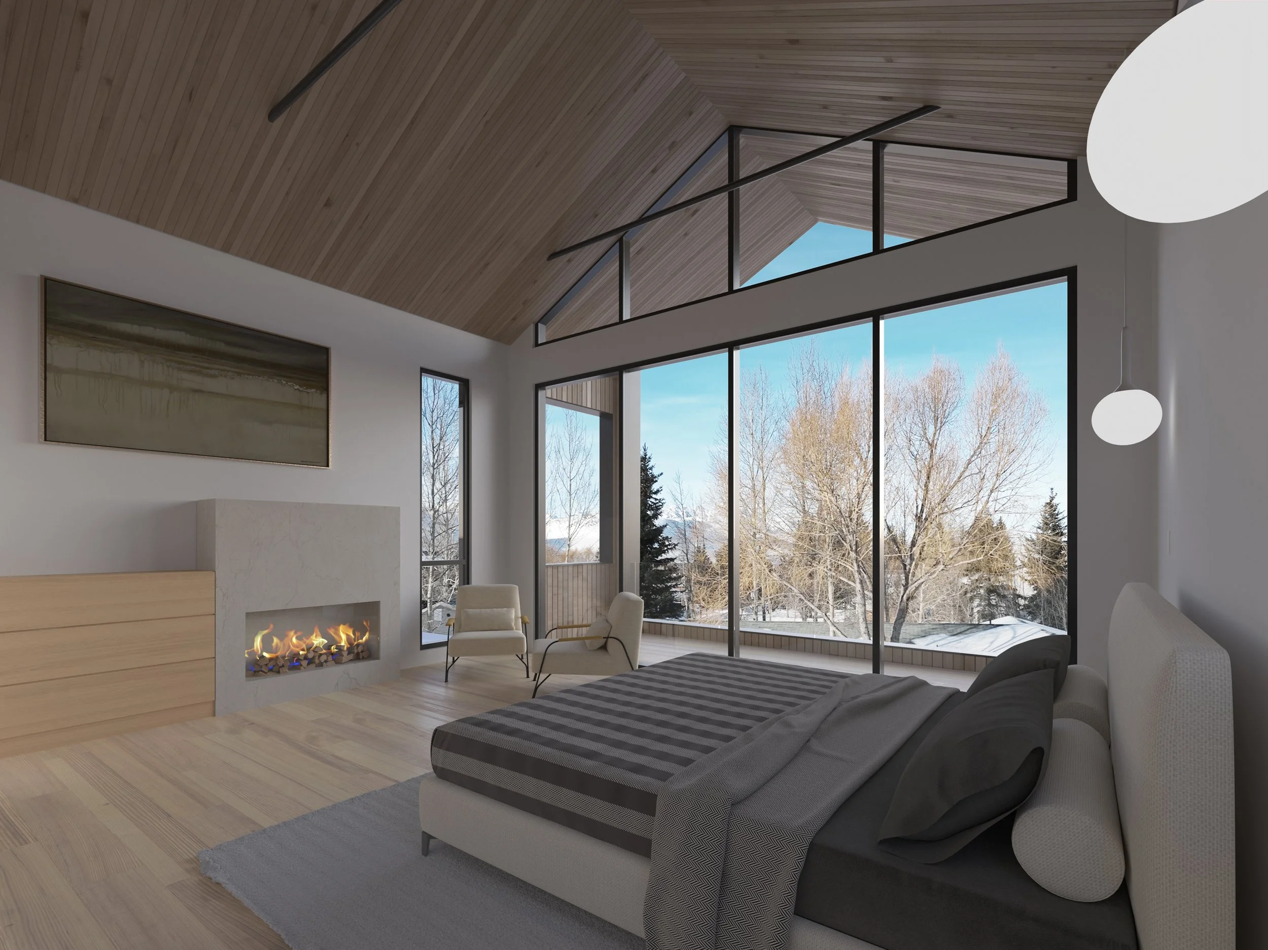 Jackson Development in Jackson, Wyoming. Modern living room with large windows showing winter trees outside, a fireplace, and contemporary furniture including a striped sofa and armchairs.