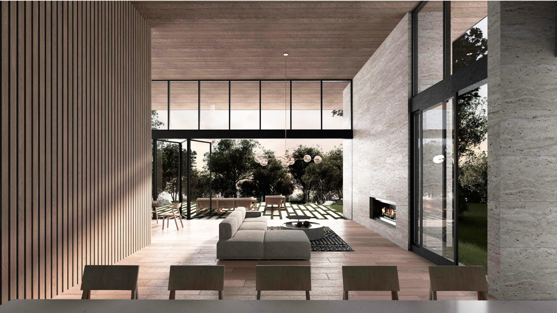 Carmel Valley Hillside Home in Carmel, California. Modern living room with large glass windows and sliding doors opening to outdoor patio.