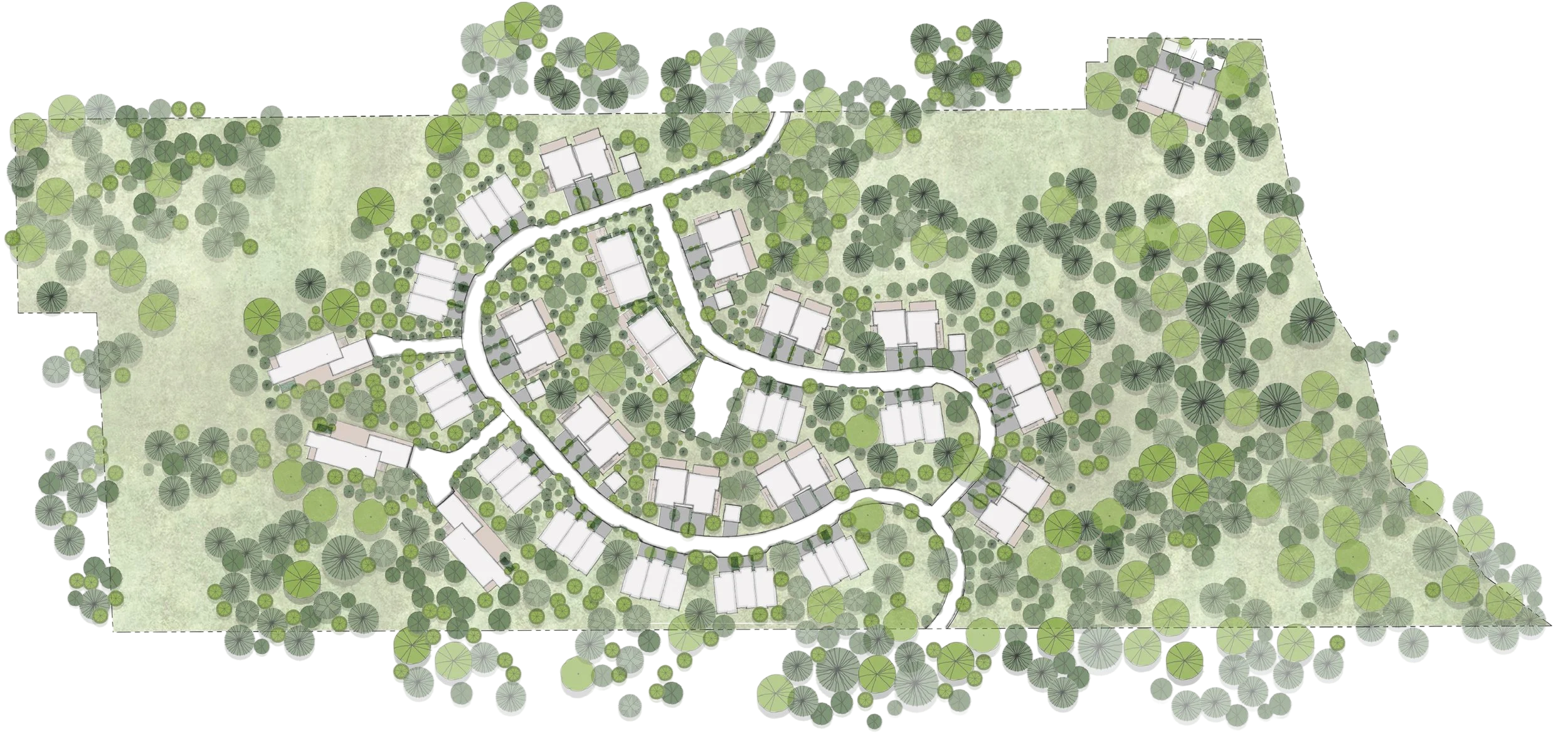 Chadwick Heights in Los Altos, California. SB330 housing development unlocking constrained hillside land. A detailed landscape plan illustrating a winding road with multiple houses surrounded by numerous trees and green spaces.