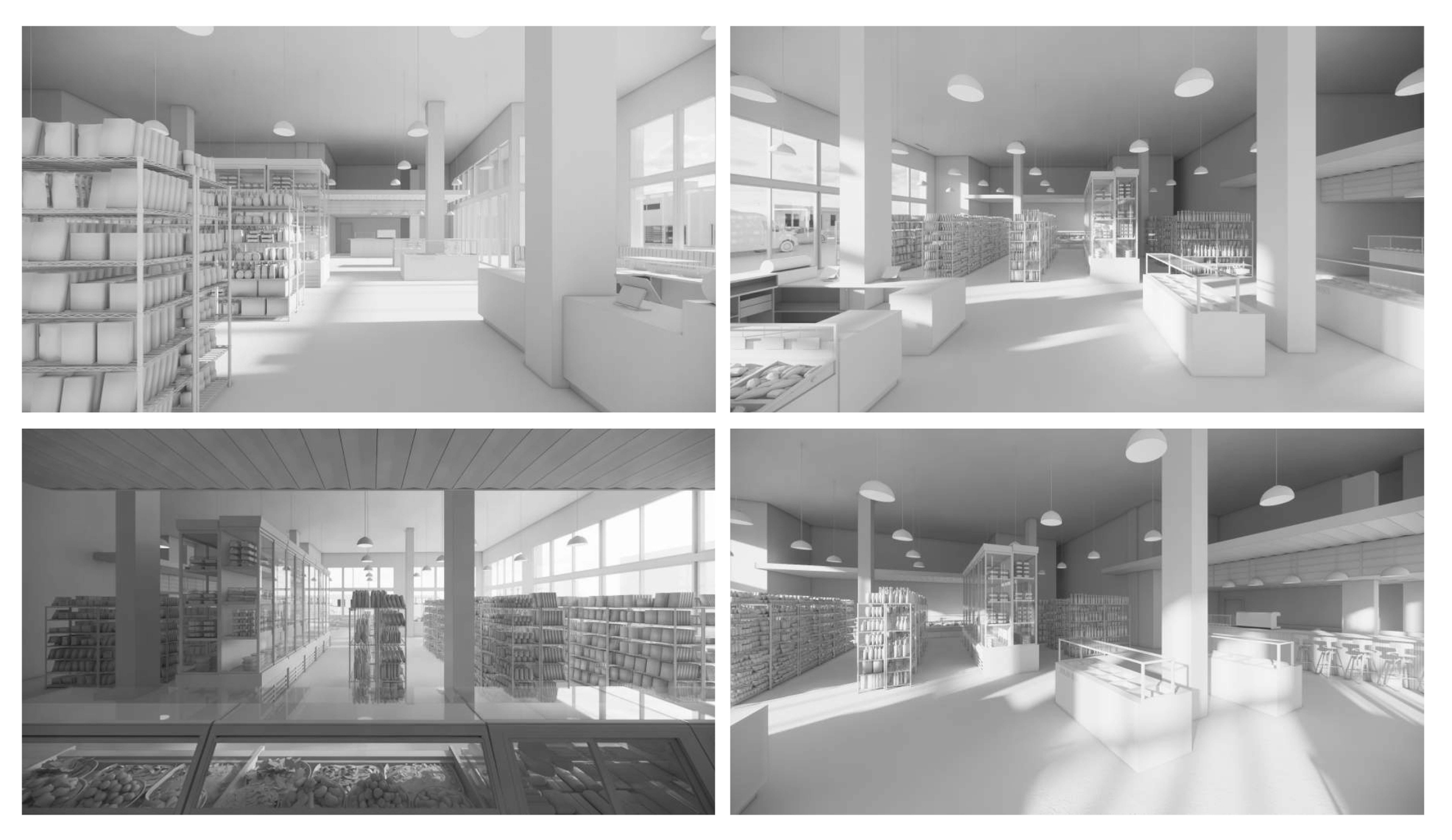 Anton Pacific in Santa Cruz, California - Retail Positioning & Leasing Strategy. A collage of four grayscale images showing different views inside a modern grocery store, featuring shelves stocked with products, checkout counters.