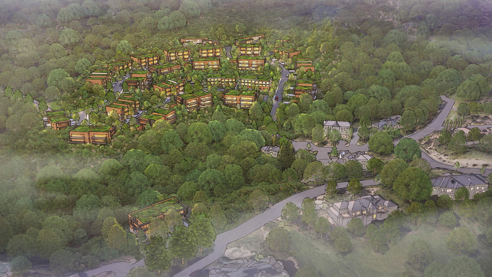Chadwick Heights in Los Altos, California. SB330 housing development unlocking constrained hillside land. An aerial view of a residential community set in a forested area with modern houses and apartment buildings surrounded by trees and curvy roads.