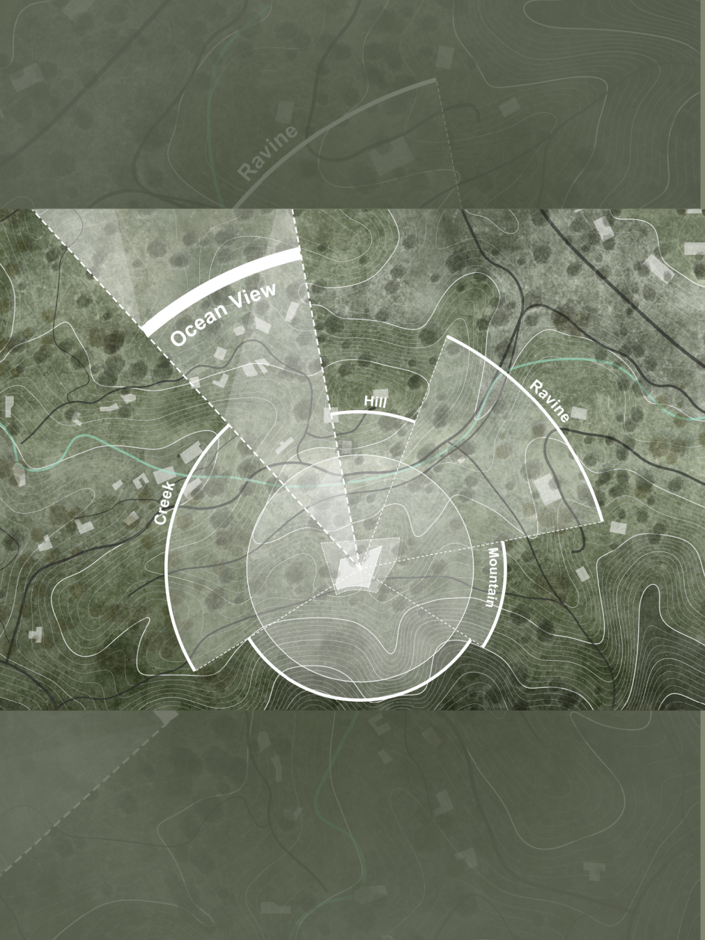 Carmel Valley Hillside Home in Carmel, California. Topographic map with labels indicating 'Ocean View,' 'Ravine,' 'Hill,' 'Mountain,' and 'Creek,' showing terrain features and property boundaries.