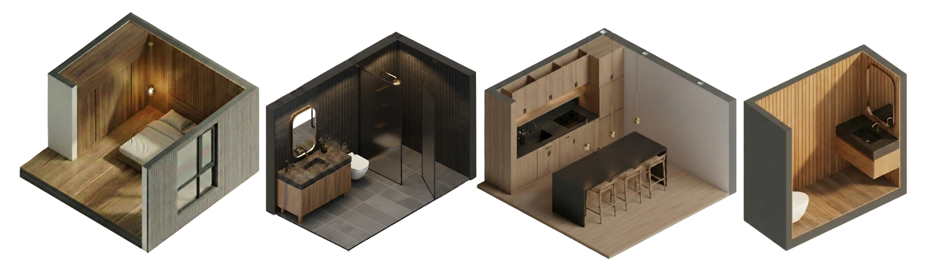 Fisherman's Wharf Condos, San Francisco, California. A 3D floor plan of a tiny house with four rooms: a bedroom, a bathroom, a kitchen, and a small patio area.