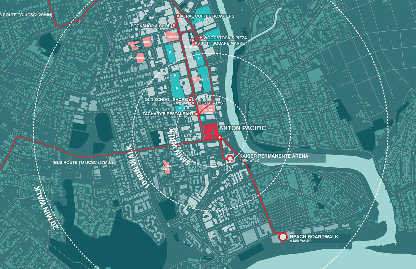 Anton Pacific - Retail Positioning & Leasing Strategy. Map of downtown area showing walking routes, landmarks, and transportation options.