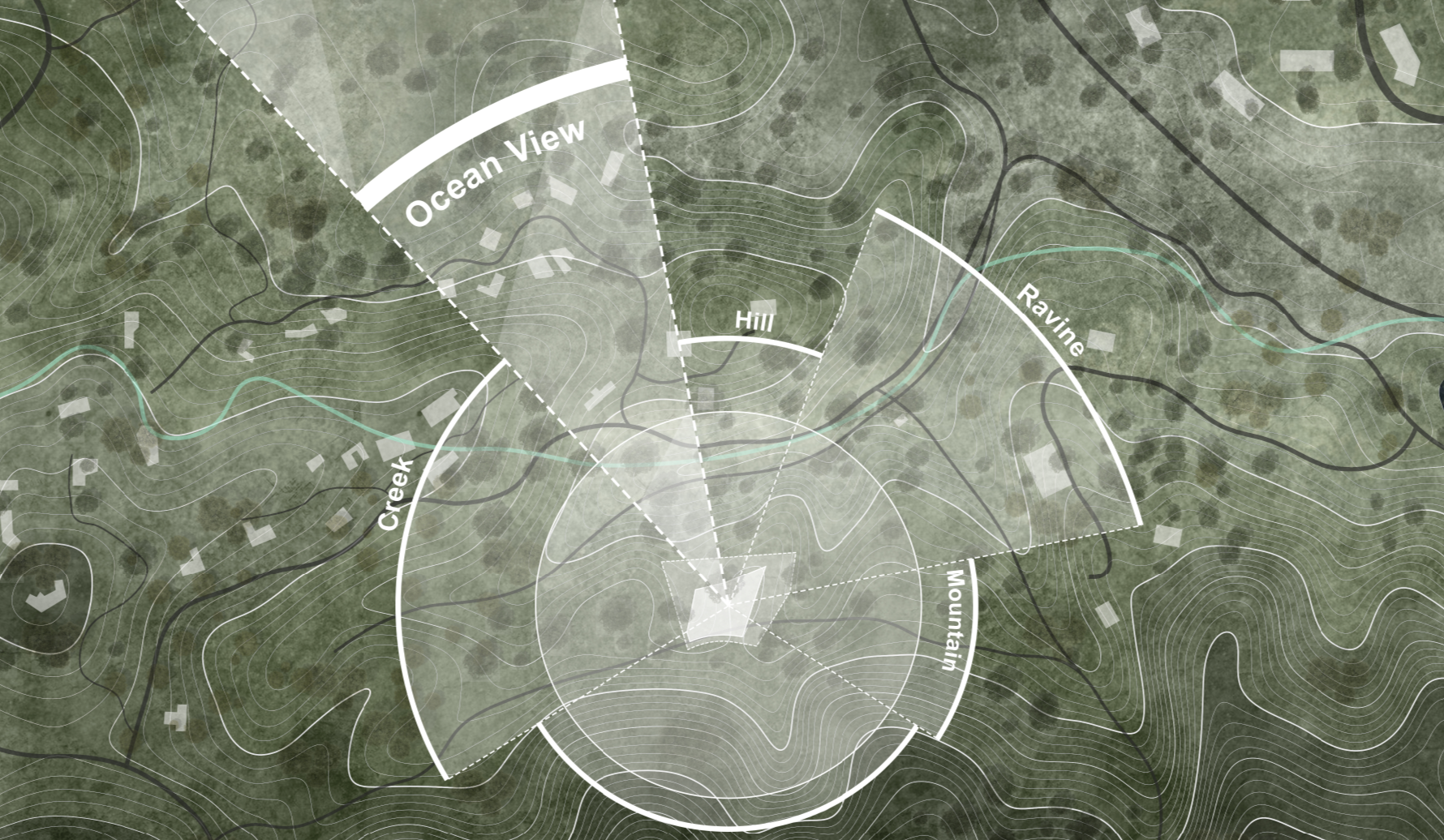 Carmel Valley Retreat Home in Carmel, California. Topographic map showing contour lines, labeled areas such as Ocean View, Ravine, Hill, Creek, and Mountain, with white outlines indicating different areas of terrain and structures.