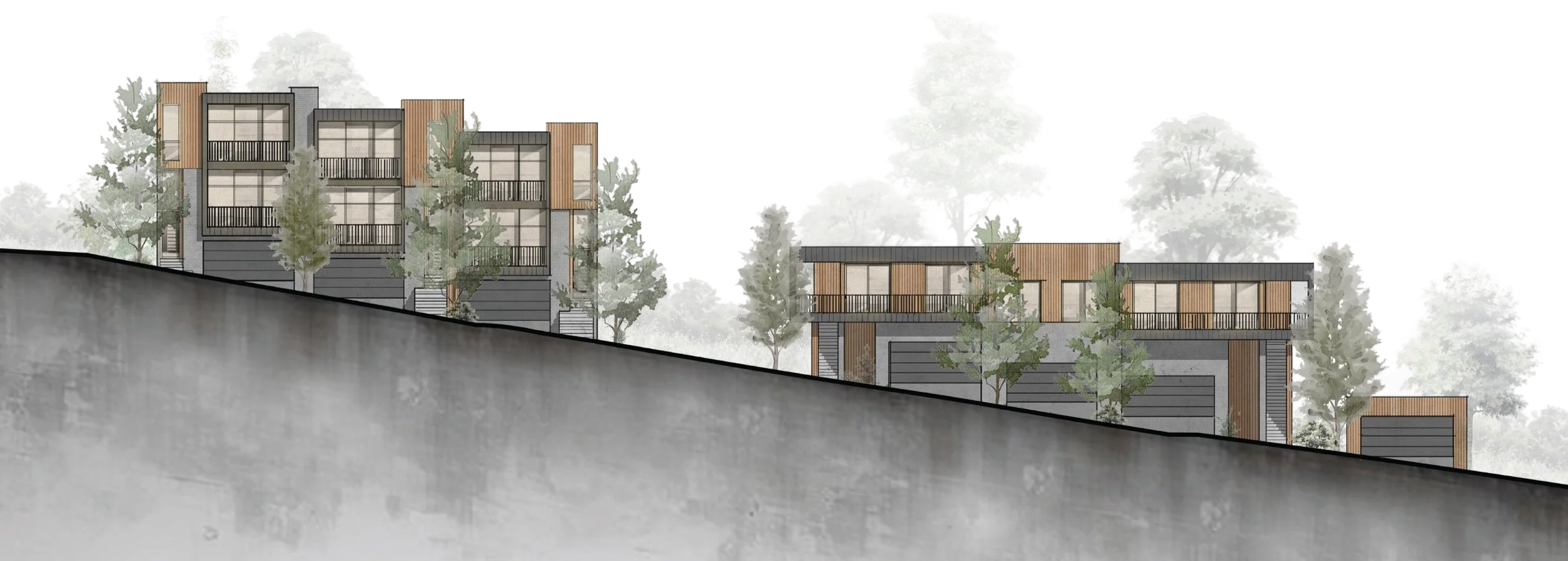 Chadwick Heights in Los Altos, California. SB330 housing development unlocking constrained hillside land. Architectural drawing of modern residential buildings on a sloped terrain with trees in the background.