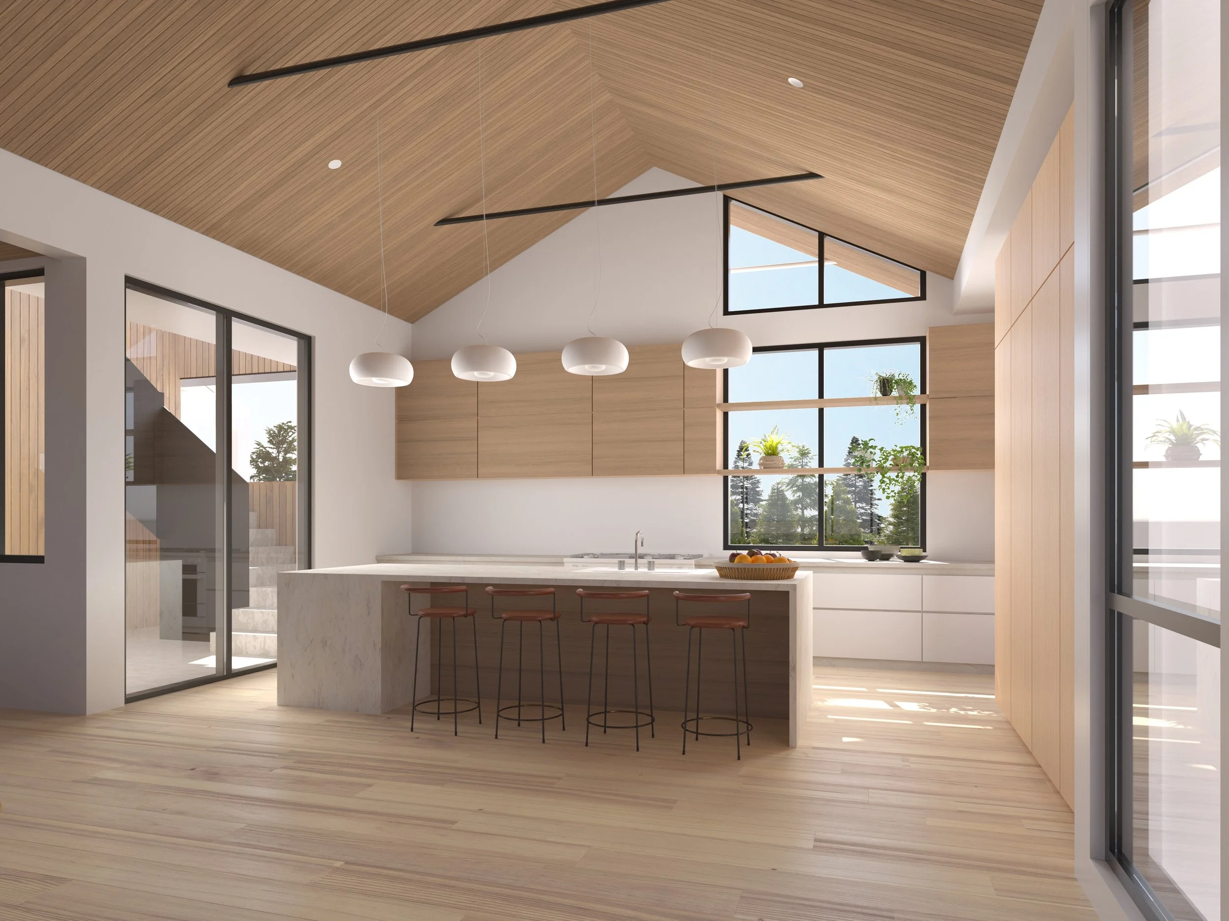 Jackson Development in Jackson, Wyoming. Interior view of a modern kitchen with high vaulted wooden ceiling.