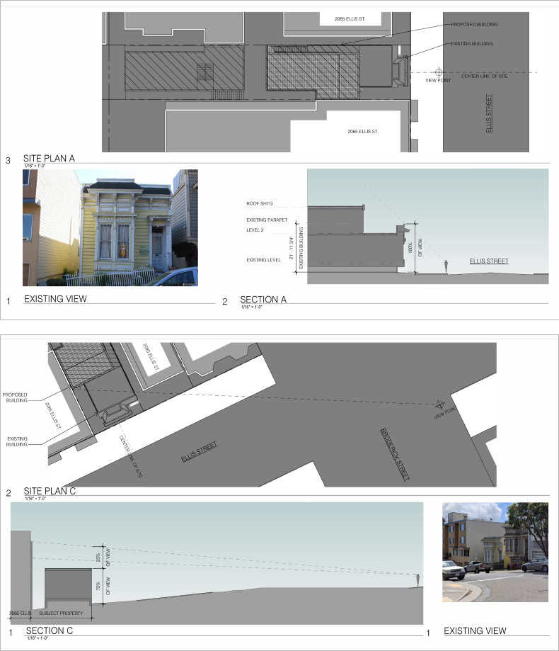 Ellis Street, San Francisco - Historic Feasibility & Sight Analysis. Architectural site plan and sections for a proposed building project on Ellis Street, including an existing house and neighboring structures, with elevation and view details.