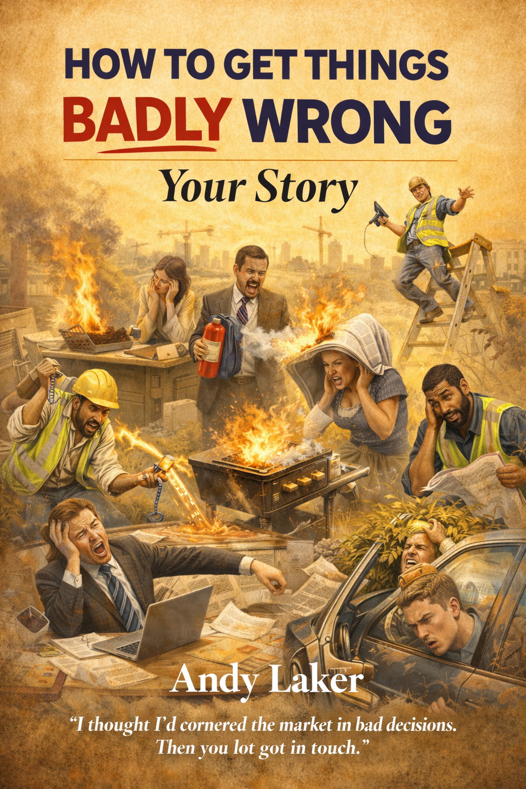 Book cover of How to Get Things Badly Wrong: Your Story by Andy Laker, showing multiple people in chaotic situations with fires and mishaps
