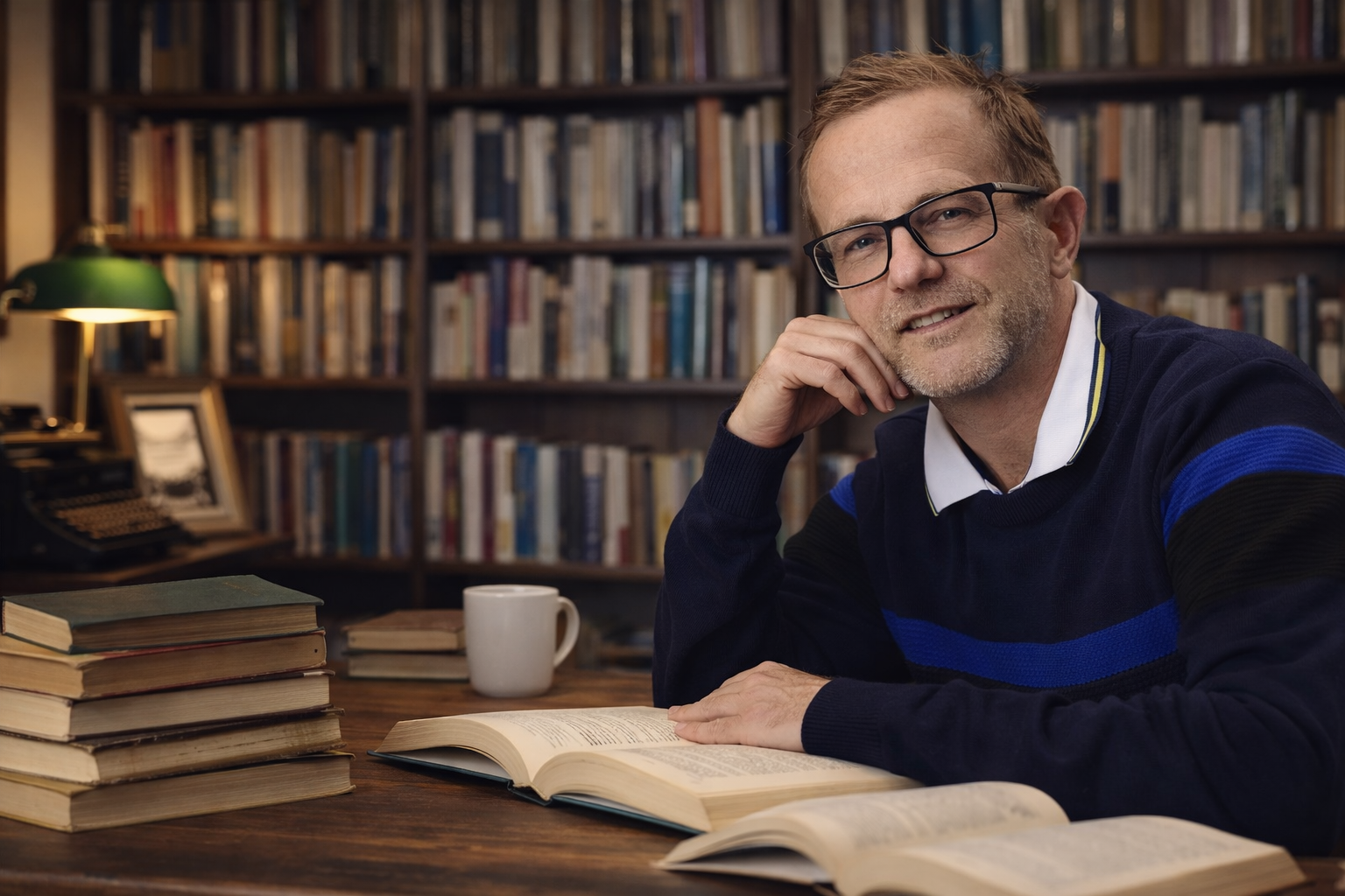 Andy Laker, author of How to Get Things Badly Wrong, sitting at a desk reading