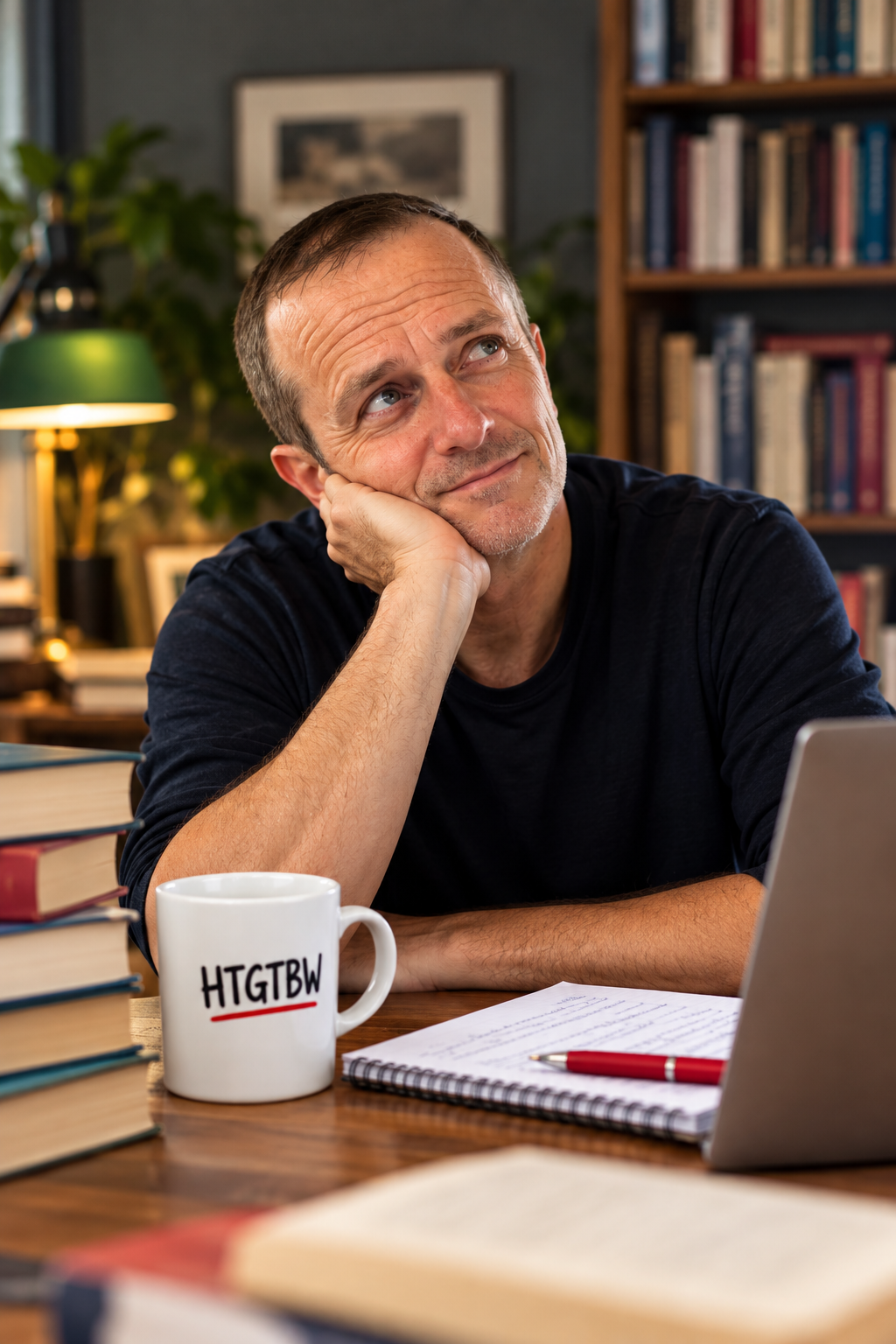 Andy Laker, author and proofreader, thinking at his desk beside books and an HTGTBW mug