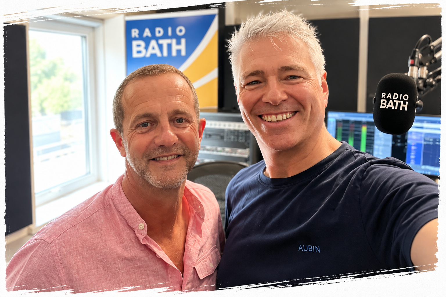 Andy Laker with Radio Bath presenter Richard Beauvoisin in the Radio Bath studio following an interview about Careering Off Course.