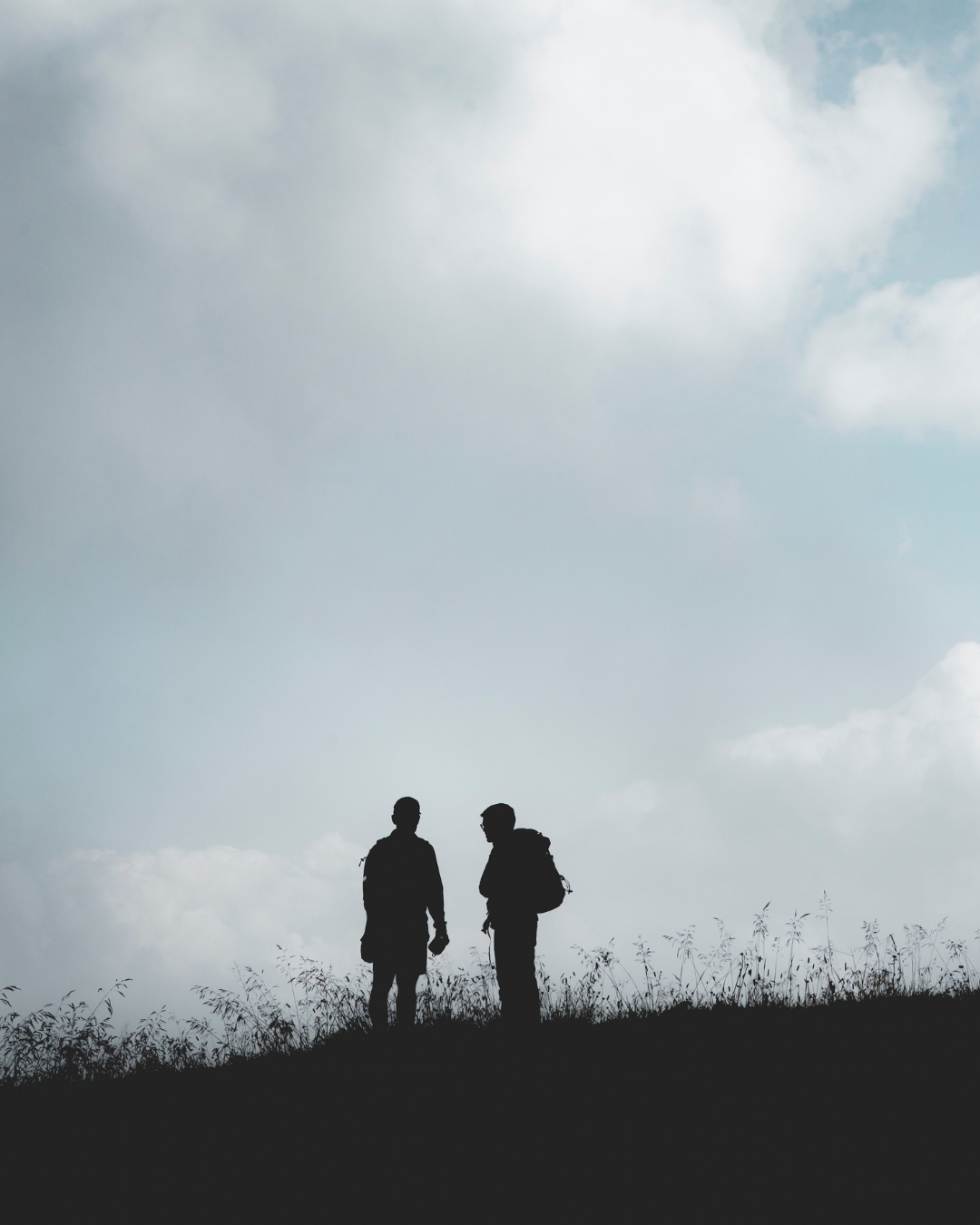 Silhouettes of two hikers standing on a hilltop against a cloudy sky.