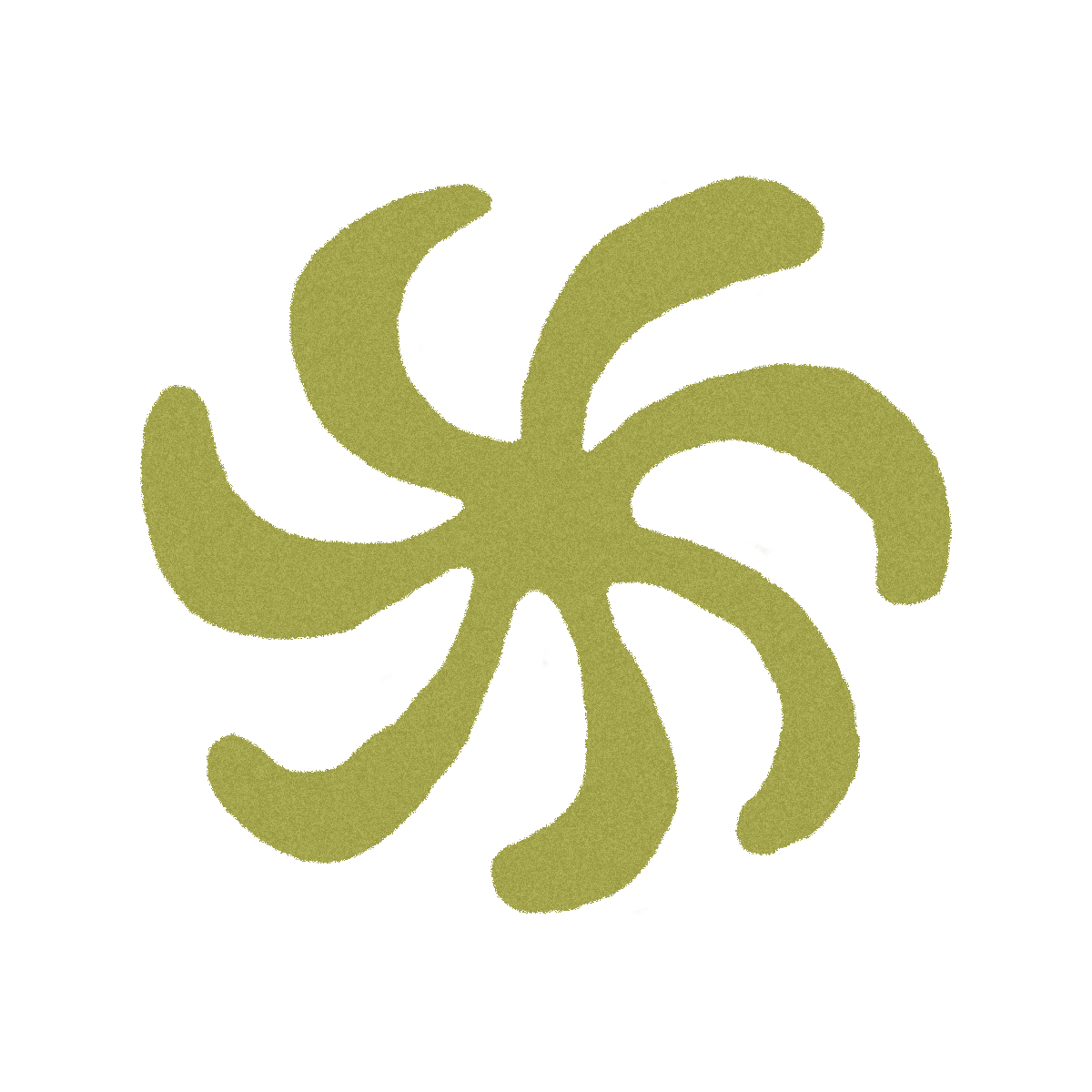 Green abstract flower design with curved petals against a black background.