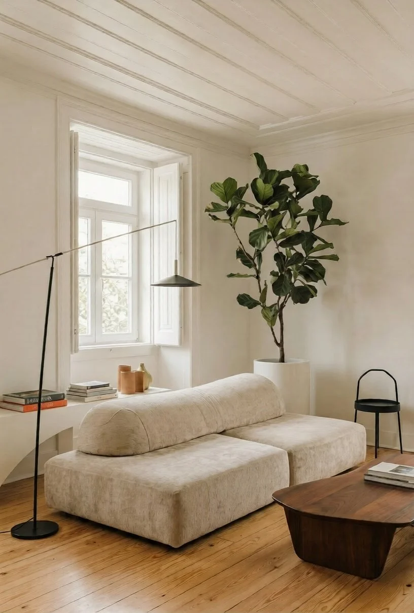 Calm living space with a white sofa