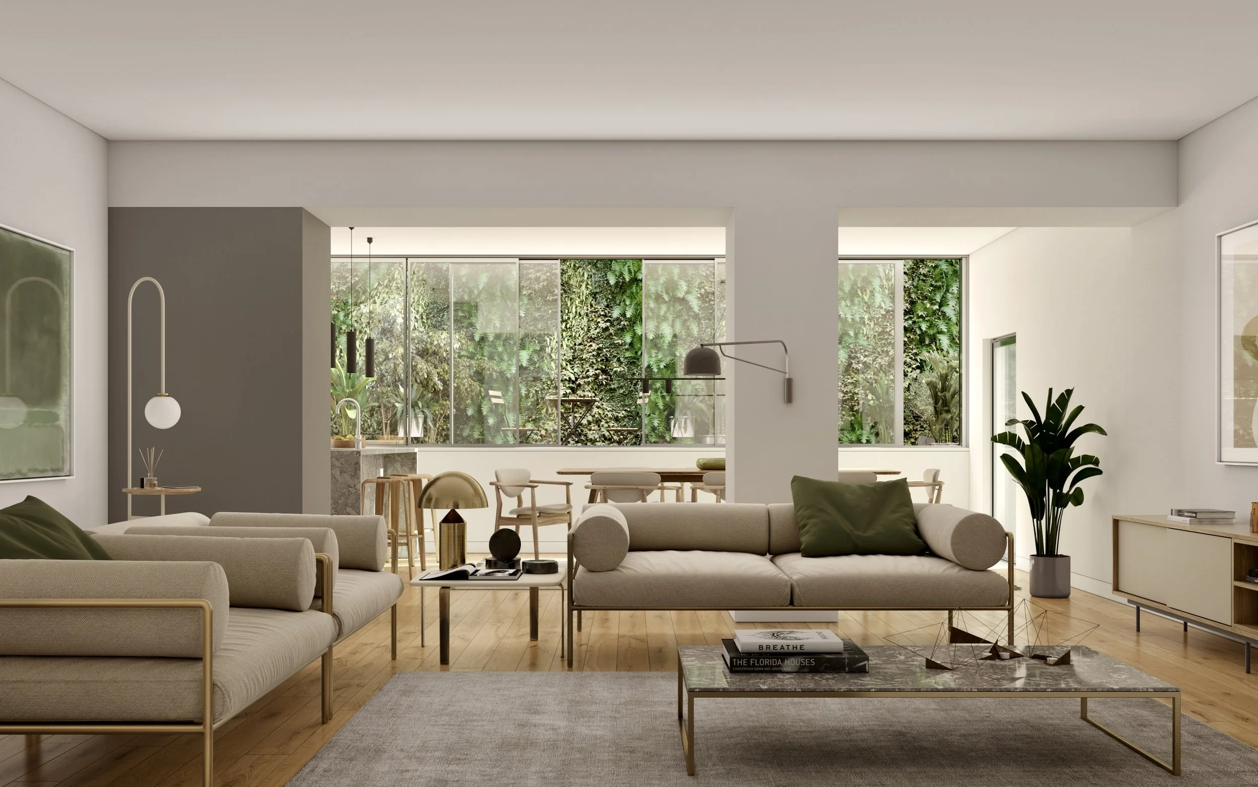 Living room overlooking a green wall in Lisbon
