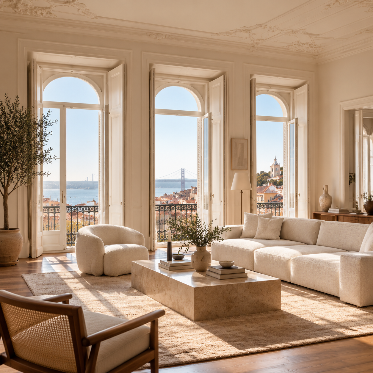 Living room with large windows overlooking a bridge and cityscape, white sofa, armchair, potted plant, and decorative items.
