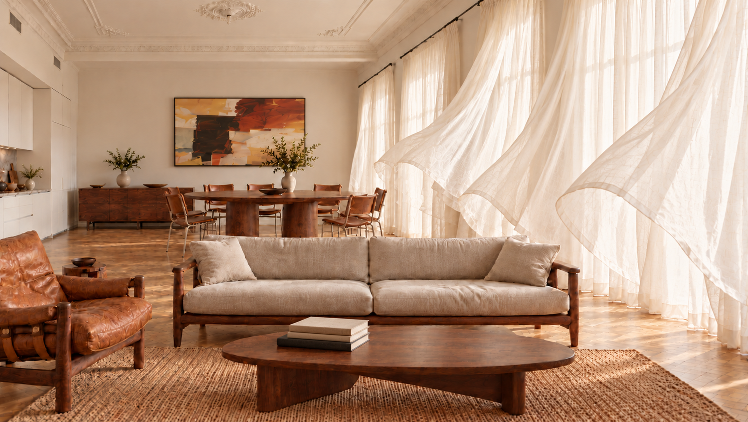 Living room in a Lisbon apartment with views over the Tagus