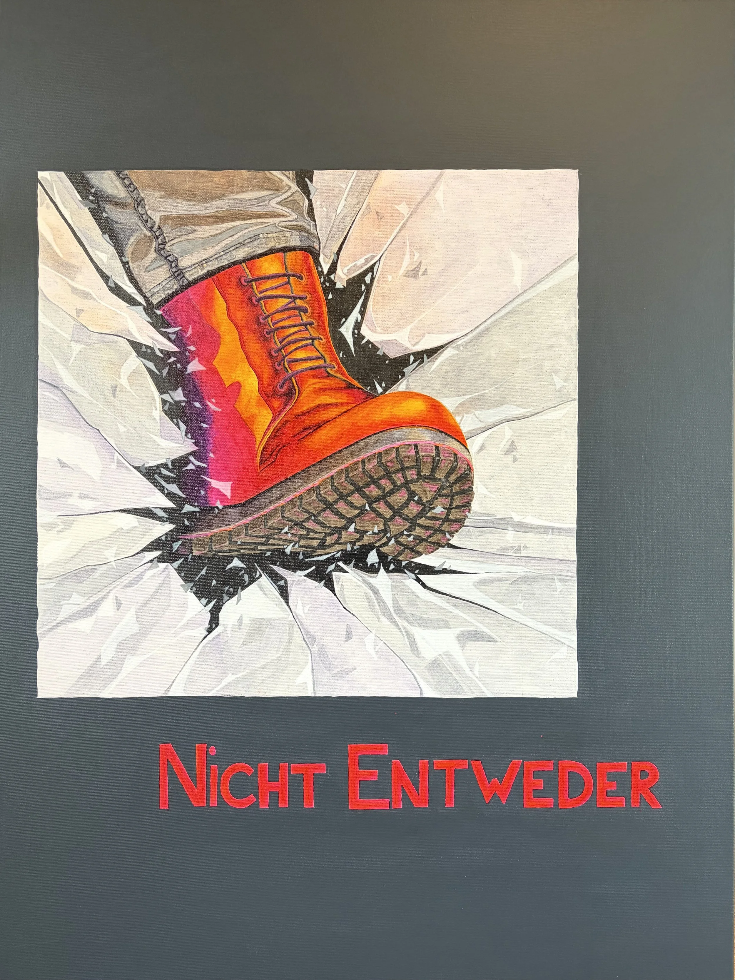 Ein Bild eines roten Stiefels, der durch zerbrochenes Glas tritt, als Teil eines Protestplakats. Darunter steht in rot "nicht entweder".