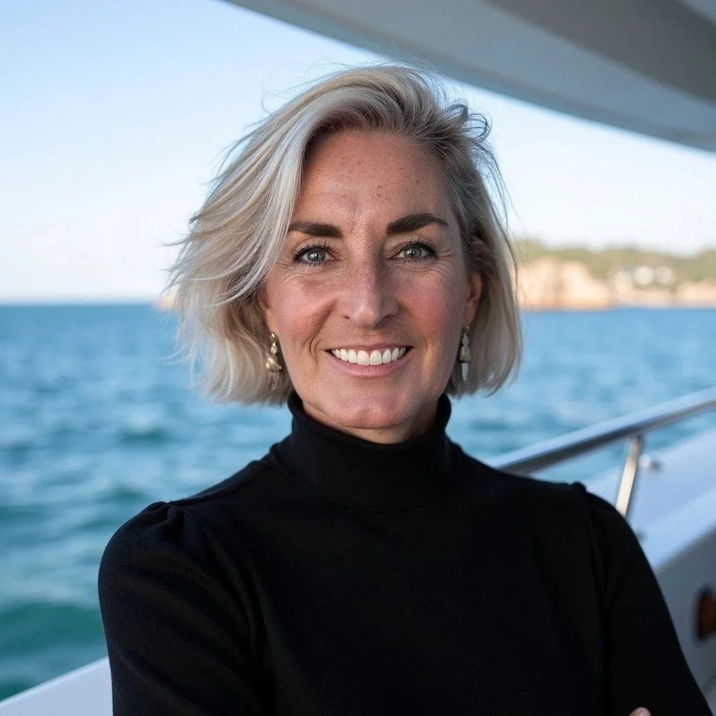 A woman with short blonde hair wearing a black turtleneck, smiling.