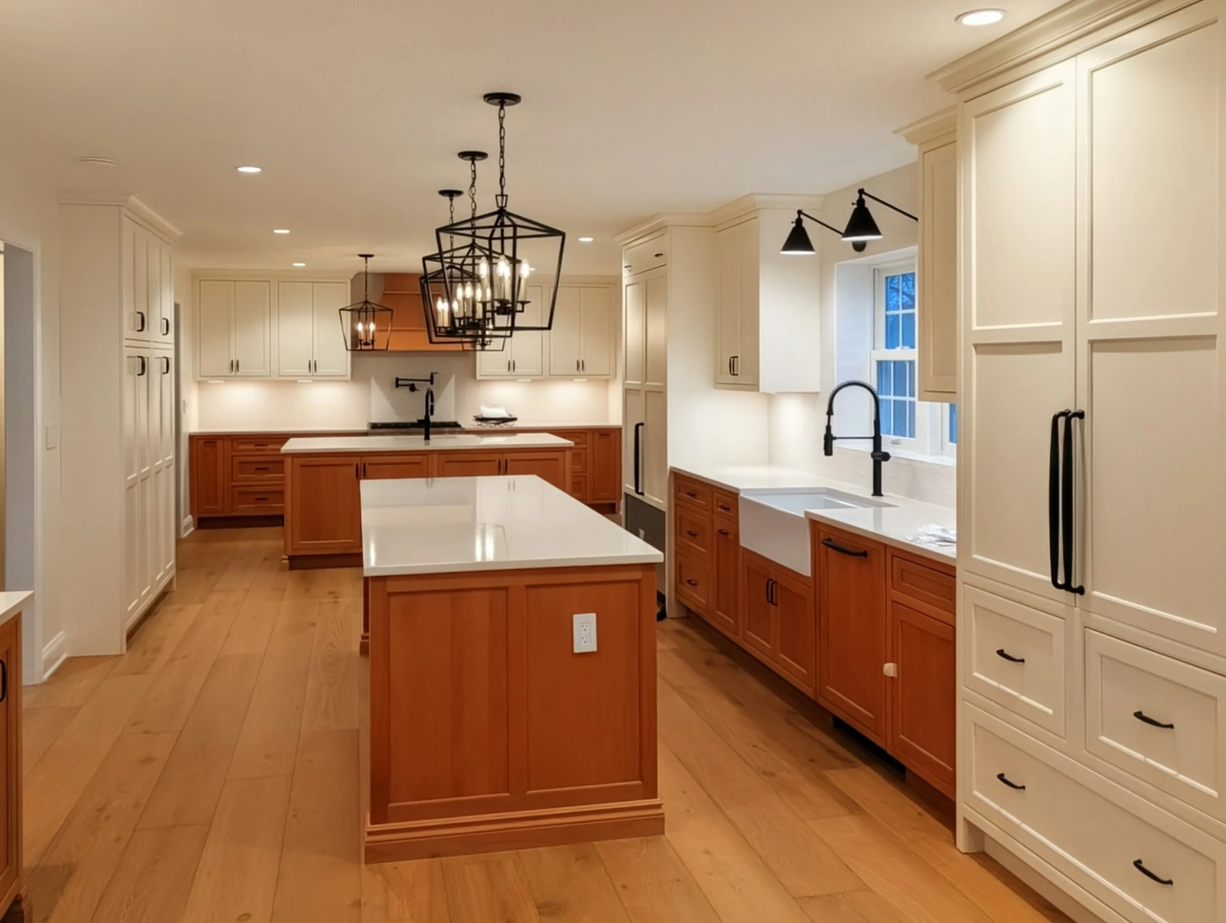 Modern kitchen with white and wood cabinets, white countertops, a large island, a white farmhouse sink, black faucet, black hardware, wood flooring, and pendant and wall lighting.