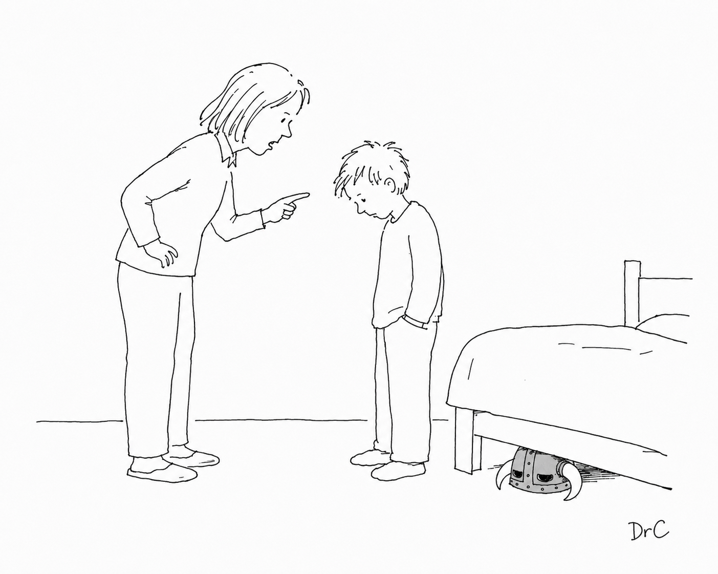 Black-and-white cartoon of an adult scolding a boy while a small medieval helmet hides under the bed.