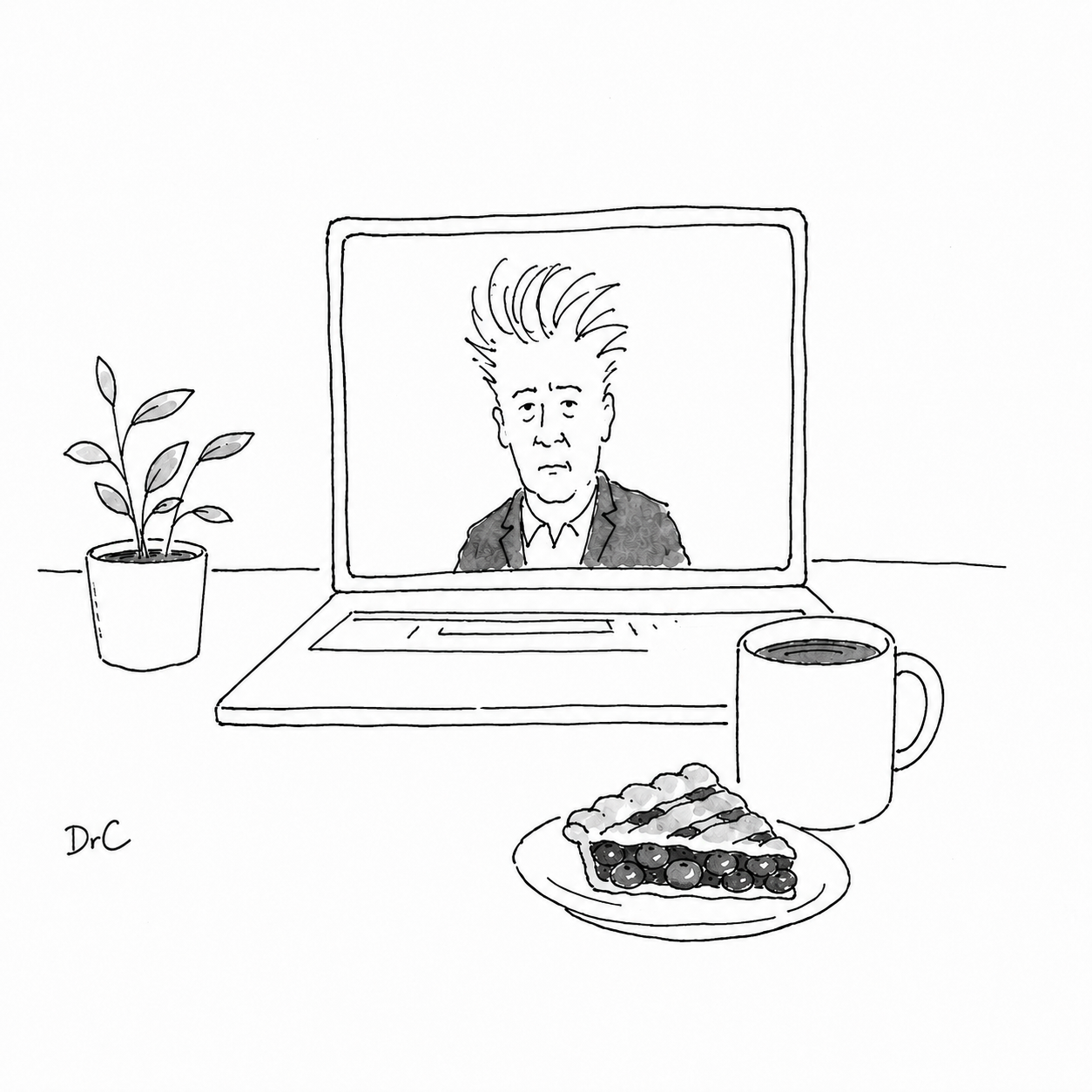Black-and-white cartoon of a laptop video call with a dishevelled man on screen, a plant, coffee and a slice of pie on the table.