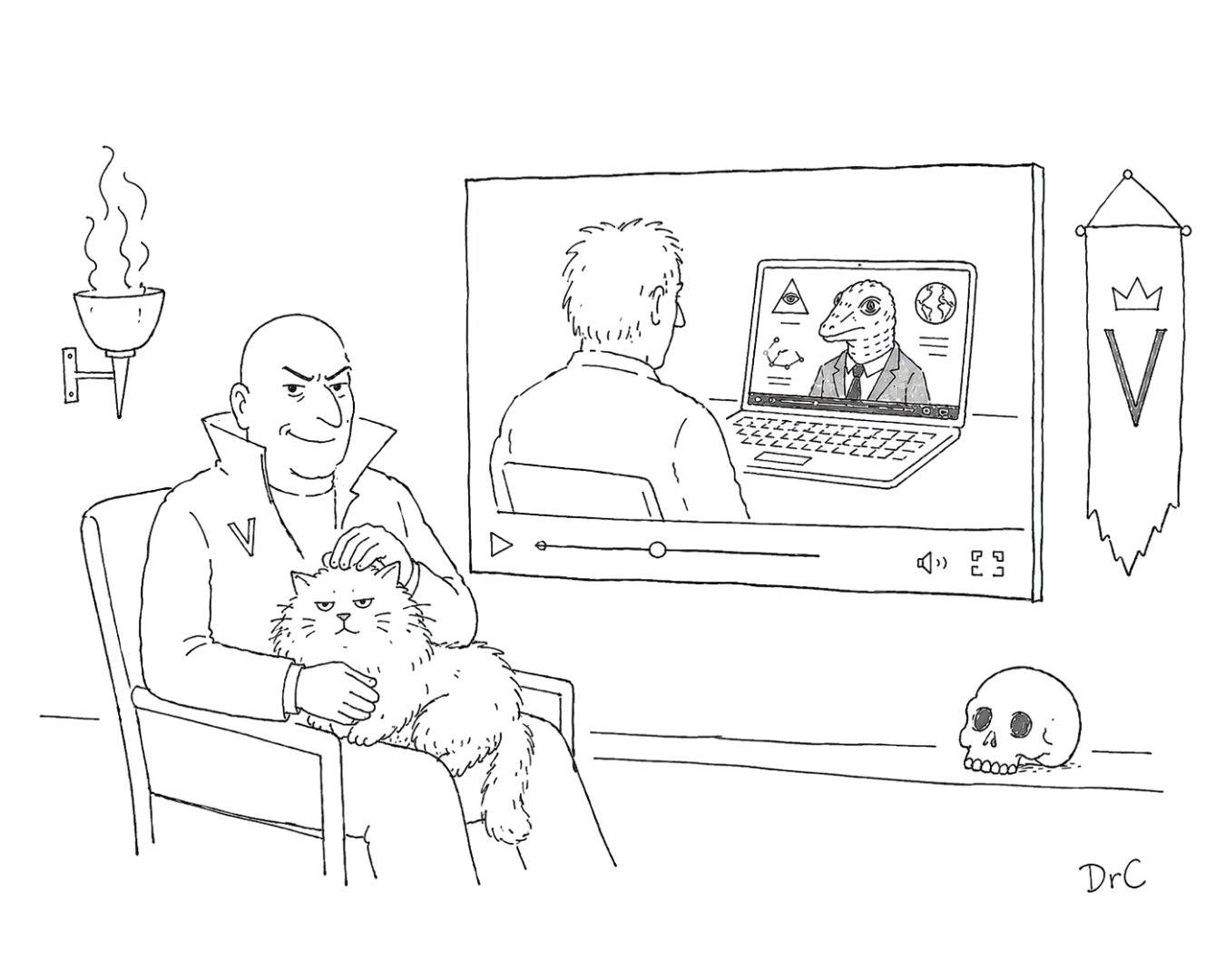 A villain with a cat in his lair