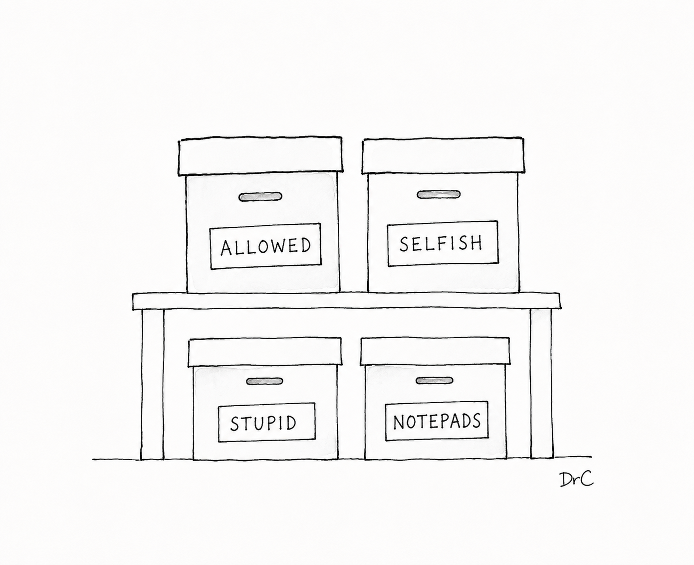 Black-and-white cartoon of four storage boxes labelled “Allowed”, “Selfish”, “Stupid” and “Notepads”.