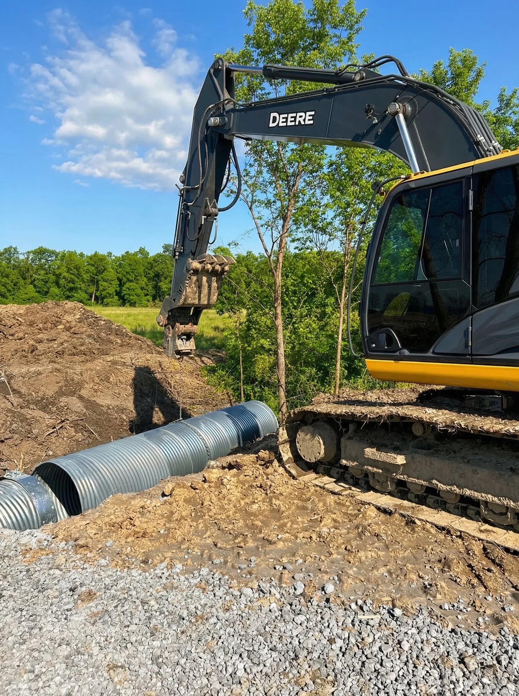 A John Deere excavator working on installing large corrugated metal pipes underground on a construction site, with green trees and a blue sky in the background.