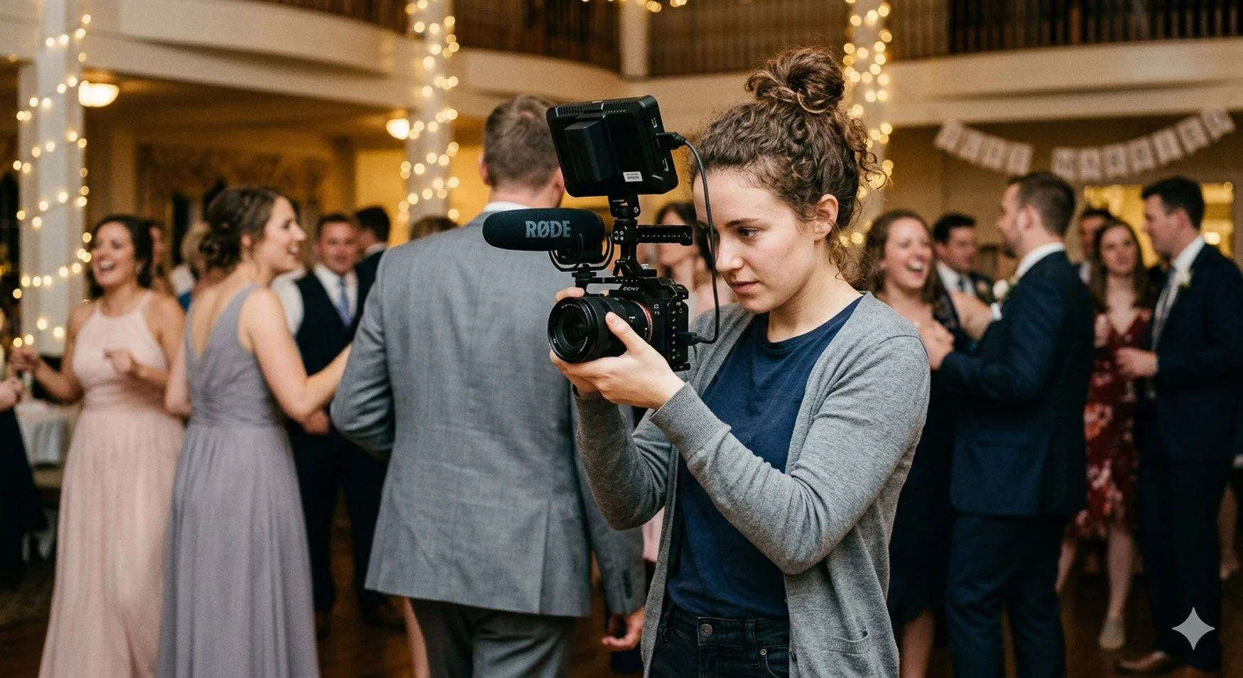 A videographer holds a Sony camera with a Rode microphone while filming wedding guests dancing in a warmly lit reception hall strung with fairy lights.