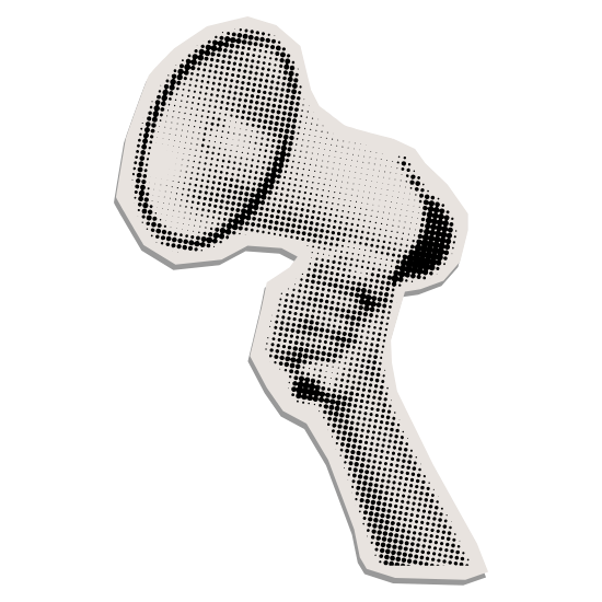 A pixelated black and white illustration of a handheld megaphone with a large, round opening and a handle, viewed from the side.