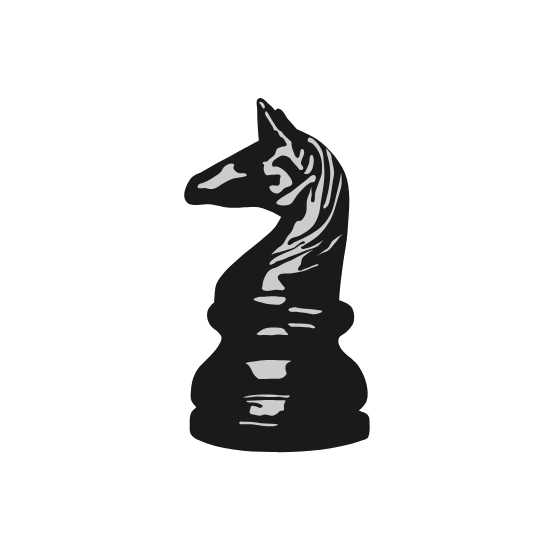 A black and gray chess knight piece with a stylized, artistic design on a black background.