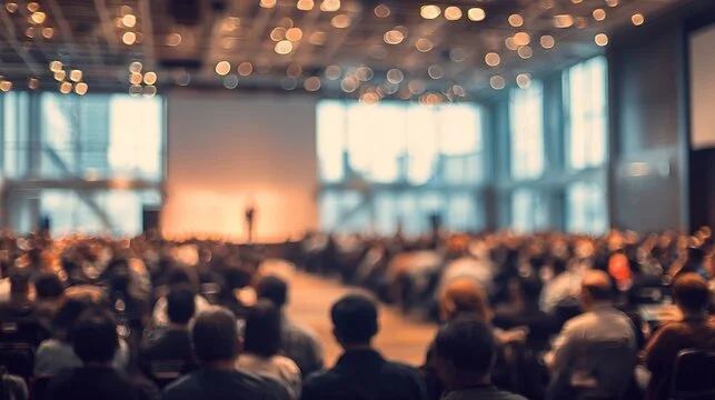 A large conference room filled with people sitting and facing a stage with a blurred presenter at the front, illuminated by warm lighting.