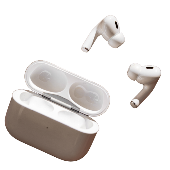 Wireless earbuds with charging case.