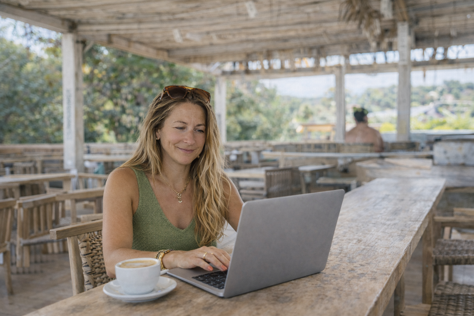 A woman sitting at a wooden table in an open-air cafe, working on a laptop with a coffee in front of her, smiling softly.