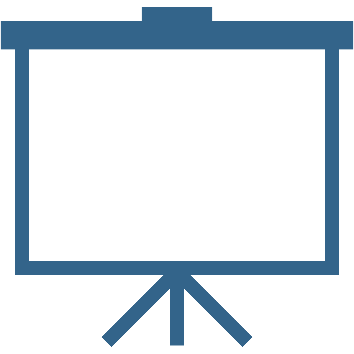 The image displays a presentation screen with a dark blue border and a black screen area suitable for displaying slides or other content. It is mounted on a tripod stand.