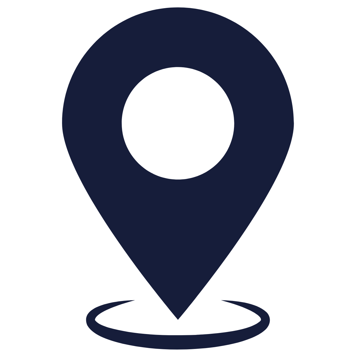 Map marker icon in dark blue color with a circular shadow underneath.