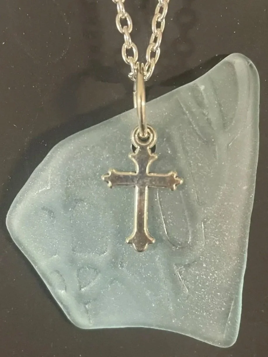 Necklace, Handcrafted, Tumbled Blue Mason Jar Glass & Cross Pendant