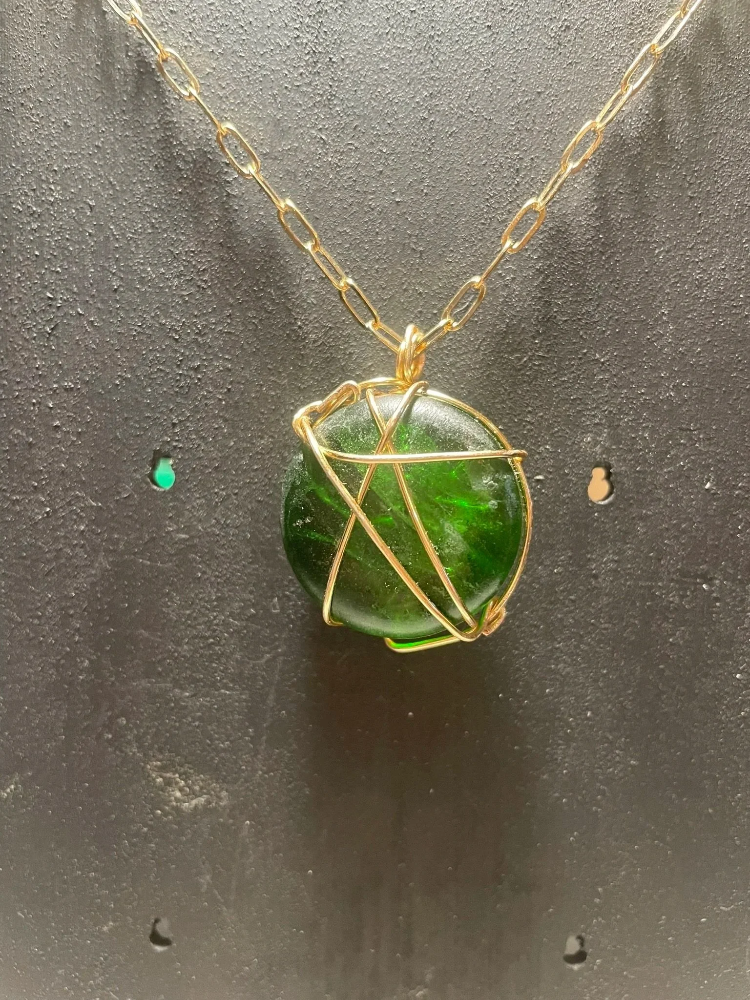 Necklace, Handcrafted, Green Glass Wire-Wrapped Pendant