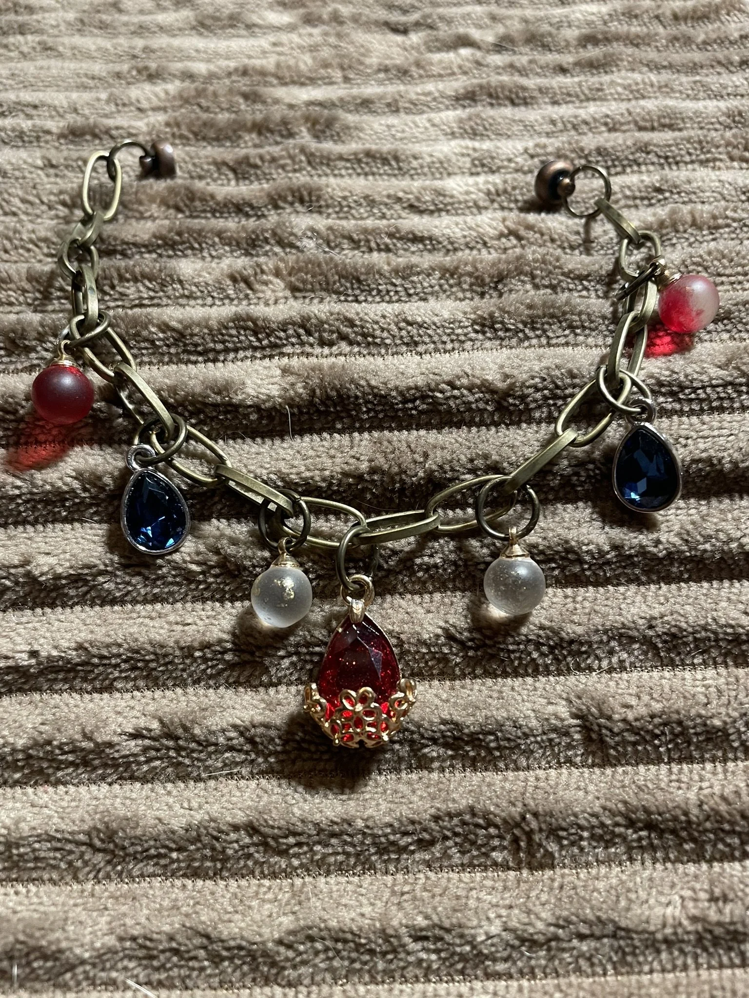 Charm Bracelet, Bronze Paperclip Chain w/Magnetic Clasp, Red & Blue Charms and Clear Glass Balls, 7.5" Long